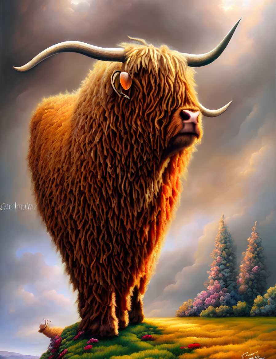 Highland Cow with Long Horns and Shaggy Fur in Pastoral Landscape