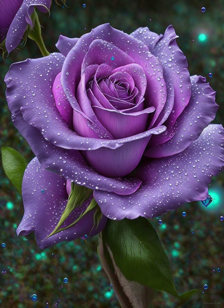 Vibrant purple rose with water droplets on dark bokeh background