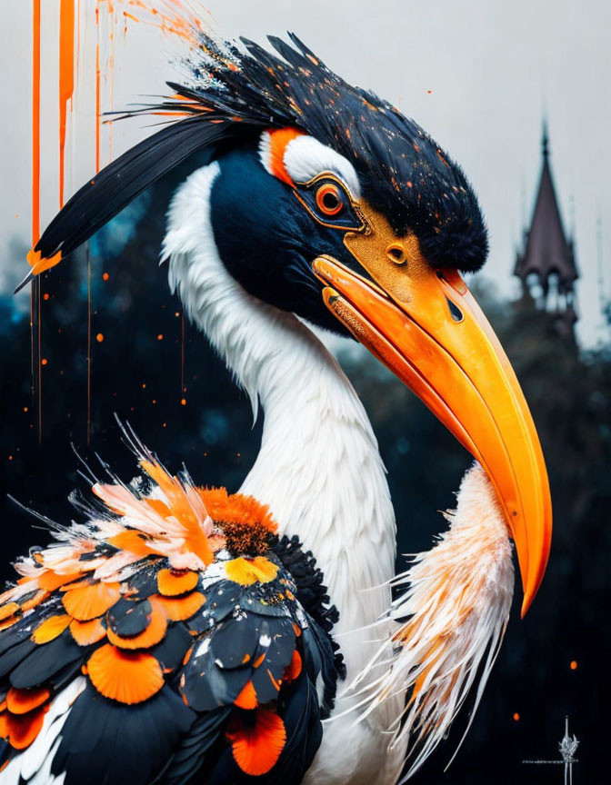 Vibrant Great Hornbill with Orange and Yellow Beak in Artistic Splatter