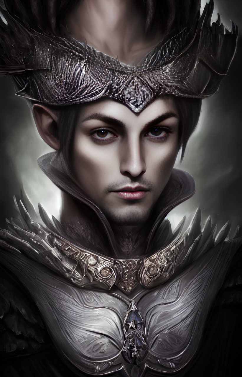 Fantasy male character with detailed crown and armor in digital art