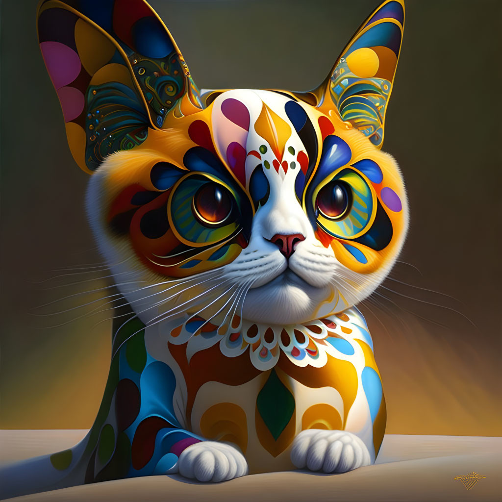 Colorful Stylized Cat Painting with Decorative Patterns and Expressive Eyes