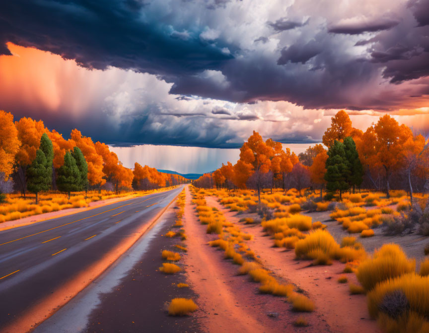 Vibrant landscape with orange foliage and dramatic sky