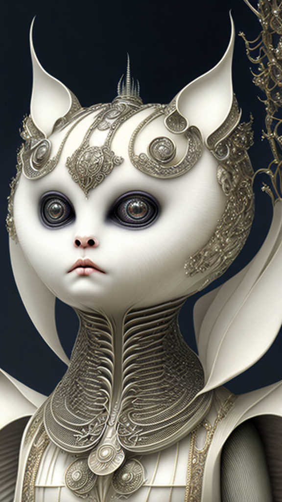 Fantastical humanoid cat figure with expressive eyes and metallic adornments