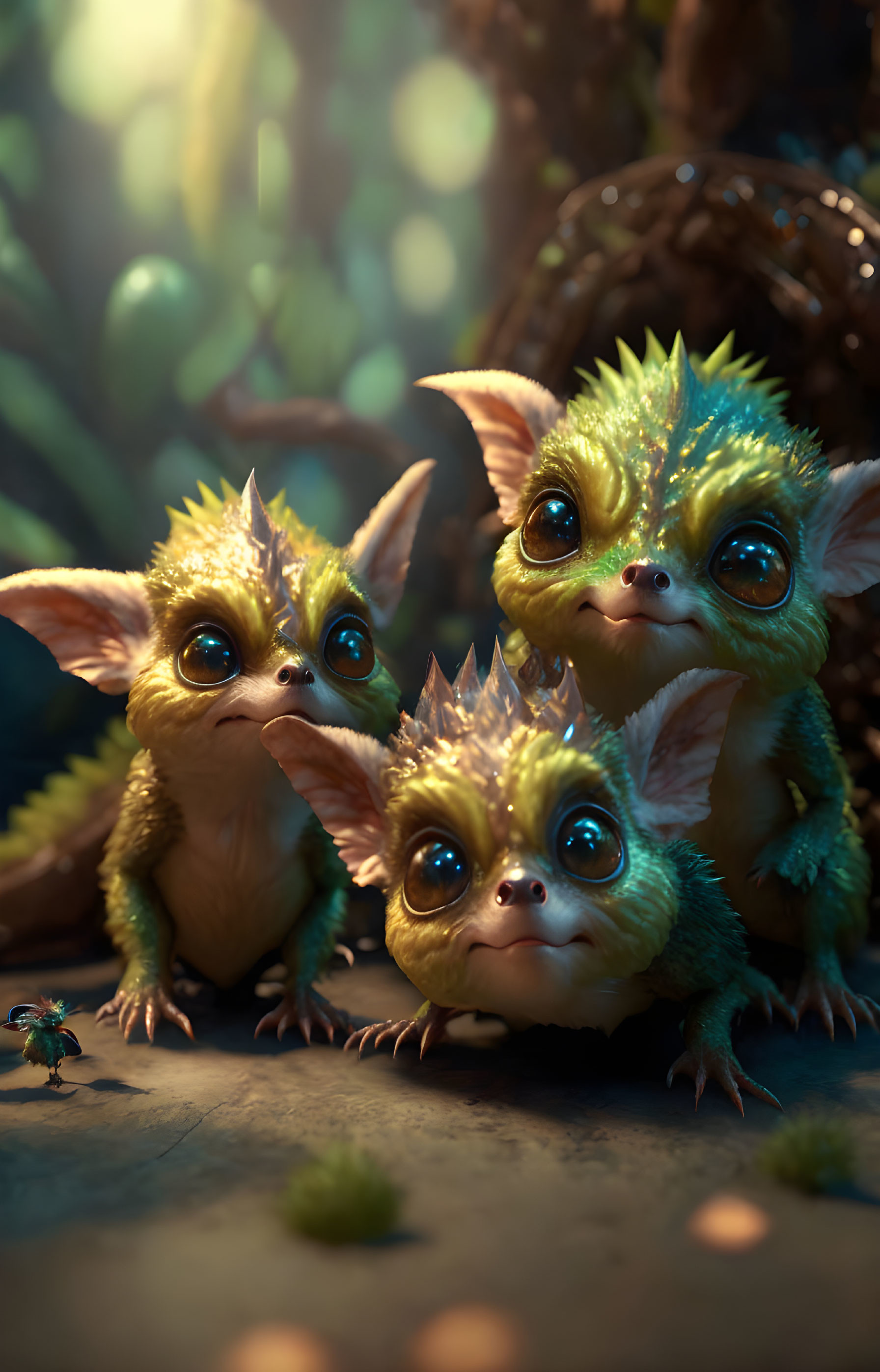 Three fantastical creatures in enchanted forest with large eyes and spiky features