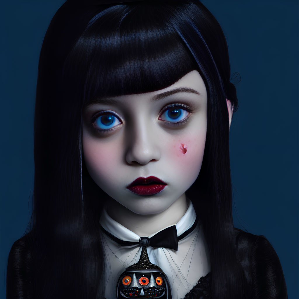 Digital artwork of a girl with big blue eyes and dark hair.