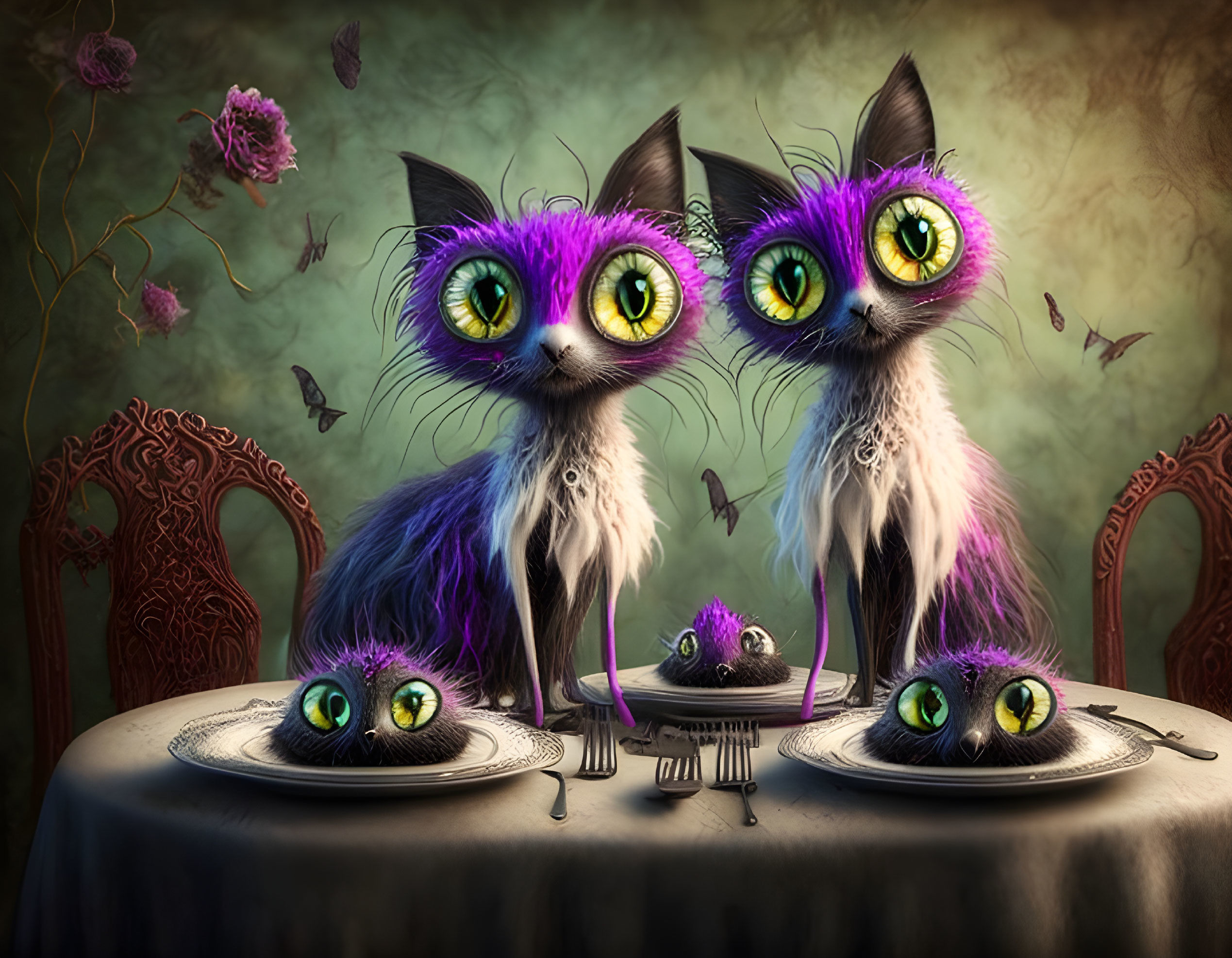 Whimsical cats with oversized eyes on surreal dining table surrounded by flowers.