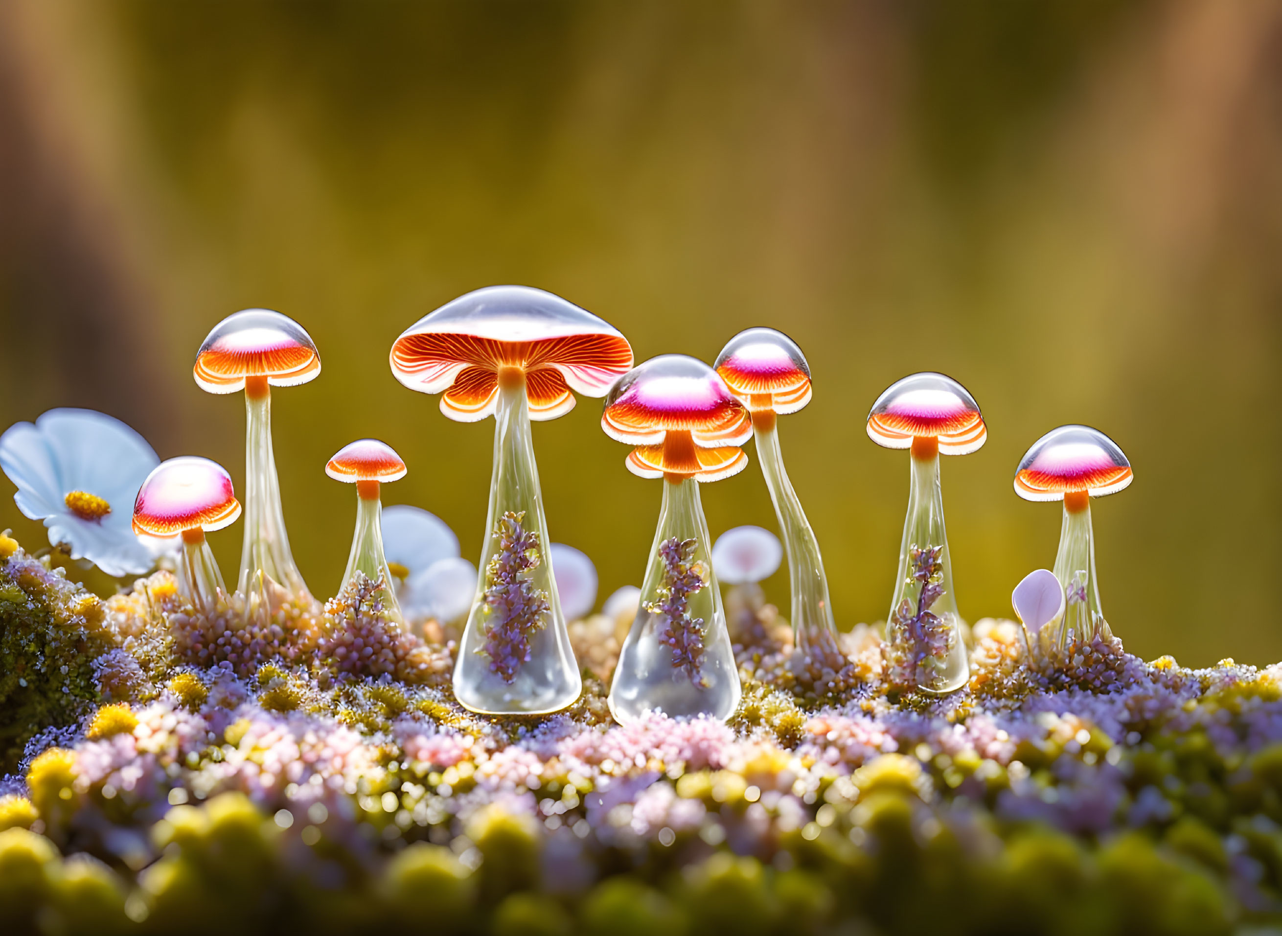 Translucent jellyfish-like mushrooms on mossy surface