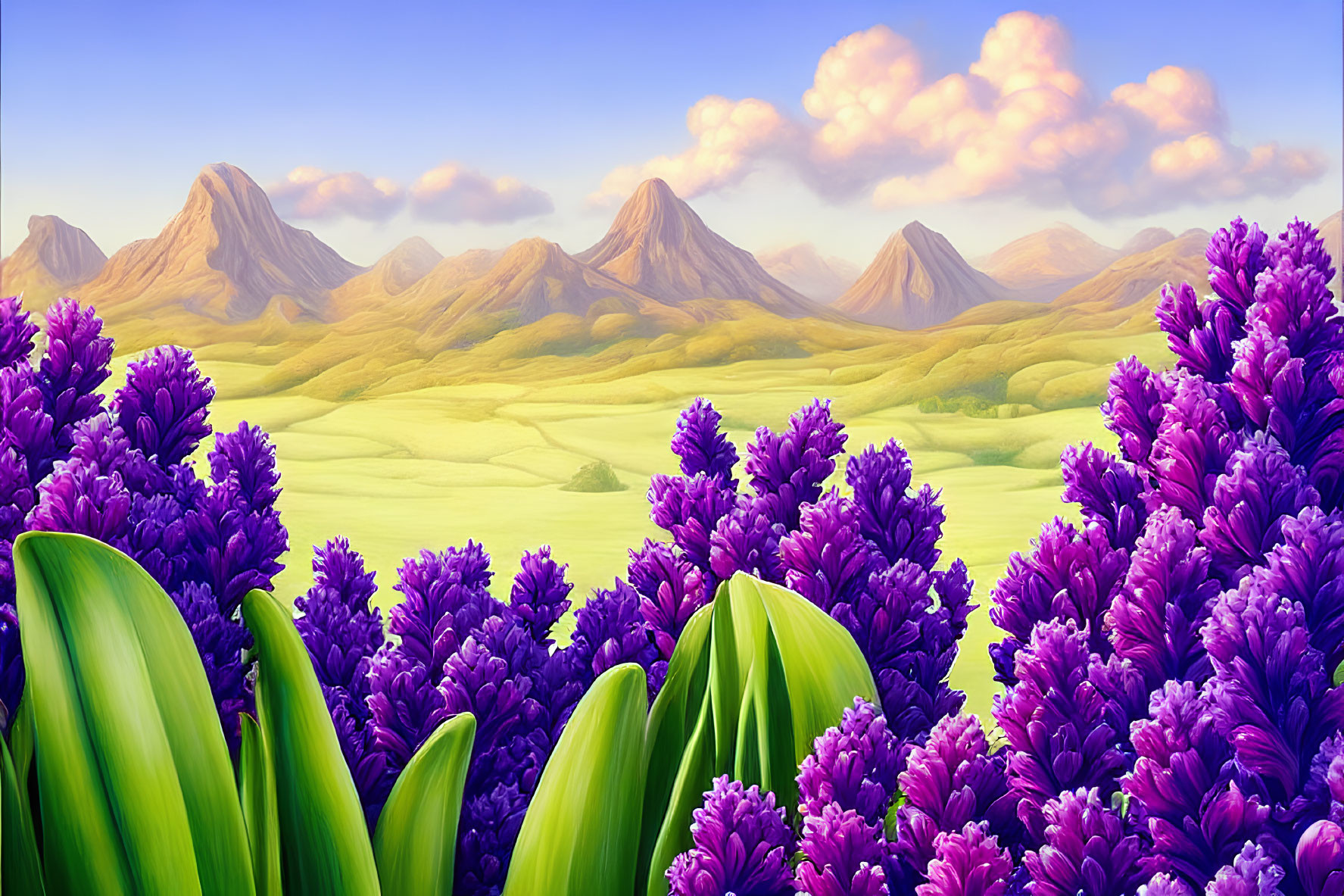 Scenic landscape with purple flowers, green hills, and distant mountains