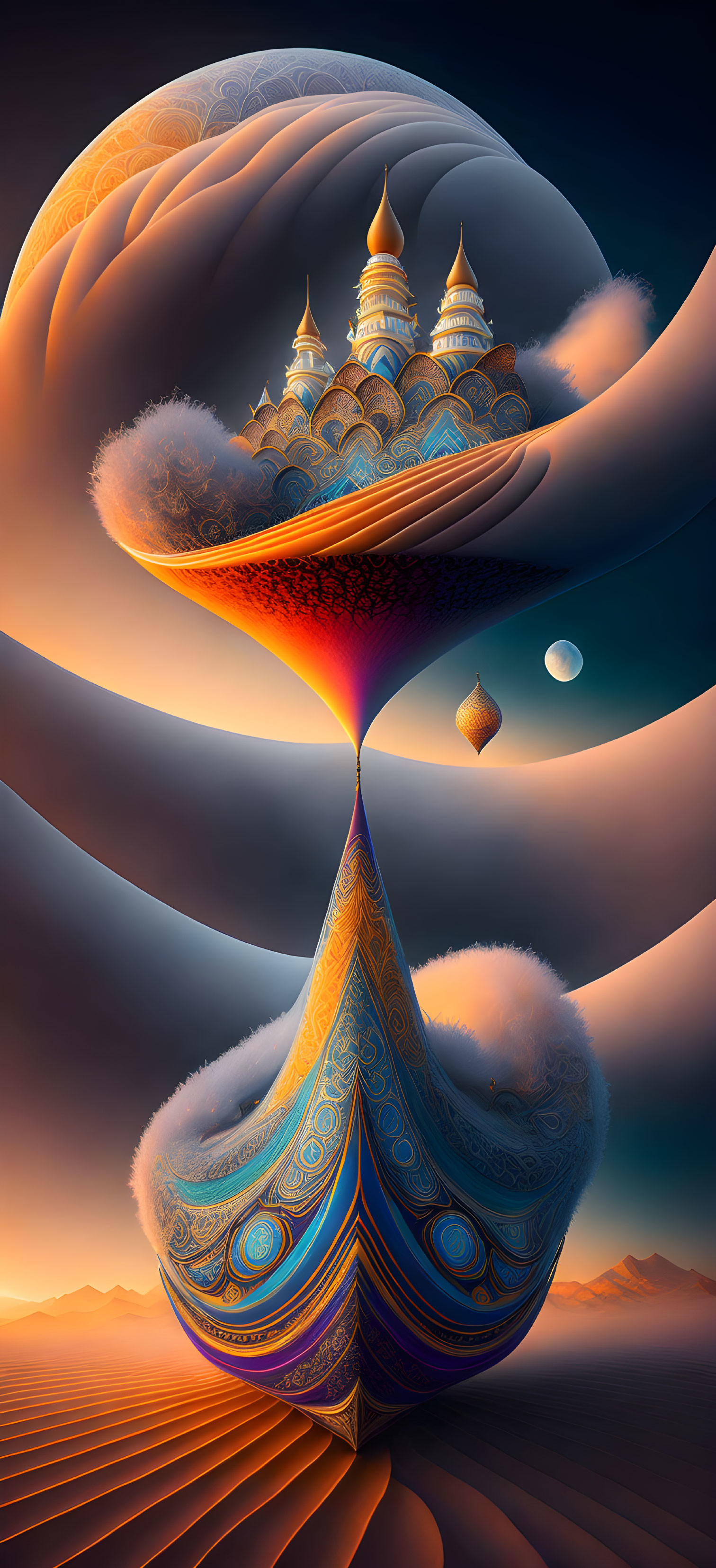 Fantasy landscape featuring floating architecture on inverted teardrop shape in desert dunes under surreal sky