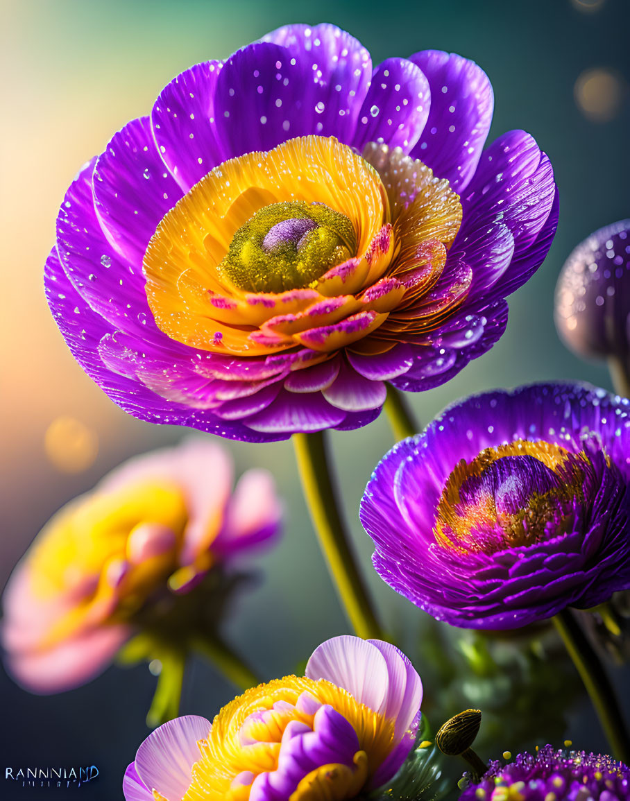 Vibrant purple flowers with water droplets in soft sunlight