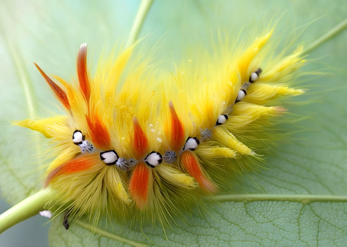 Colorful Yellow and Orange Caterpillar with White Spots on Green Leaf