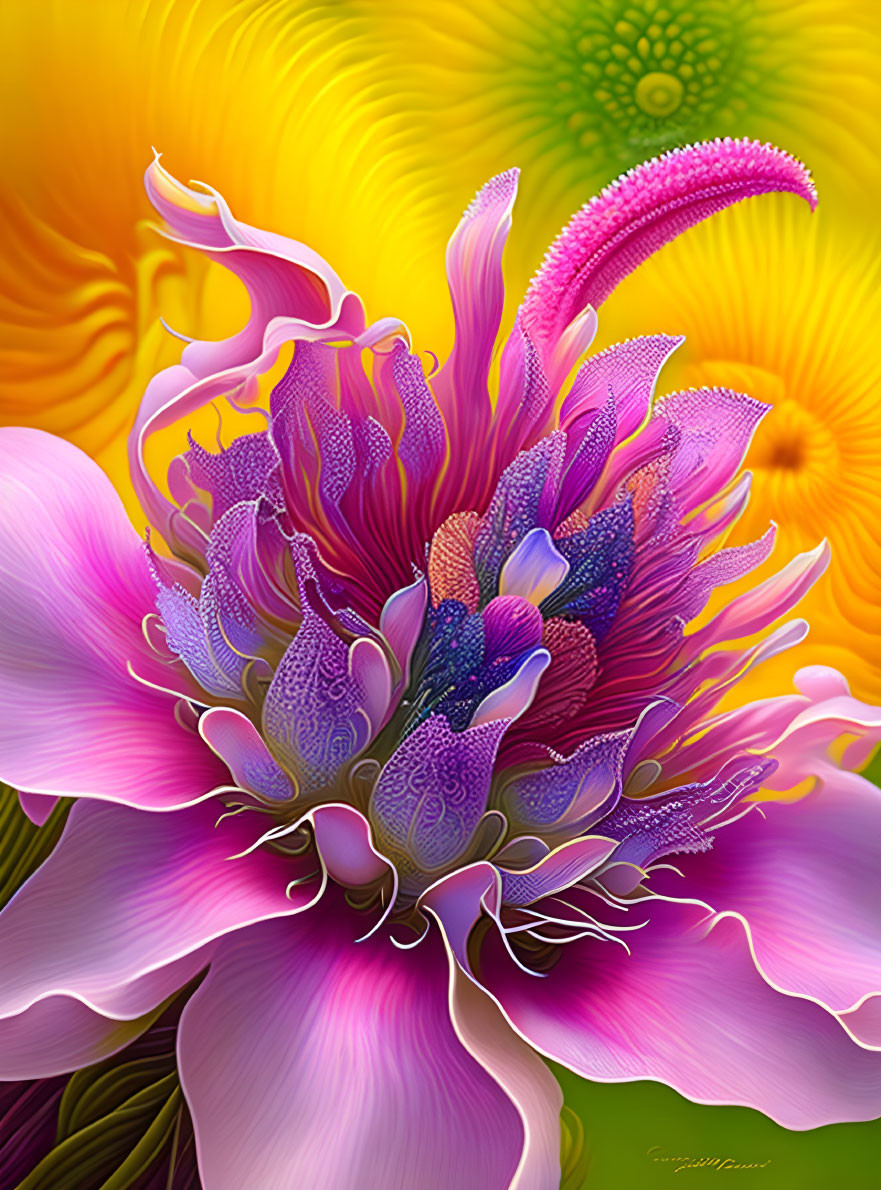 Colorful digital artwork: stylized purple flower on vibrant background