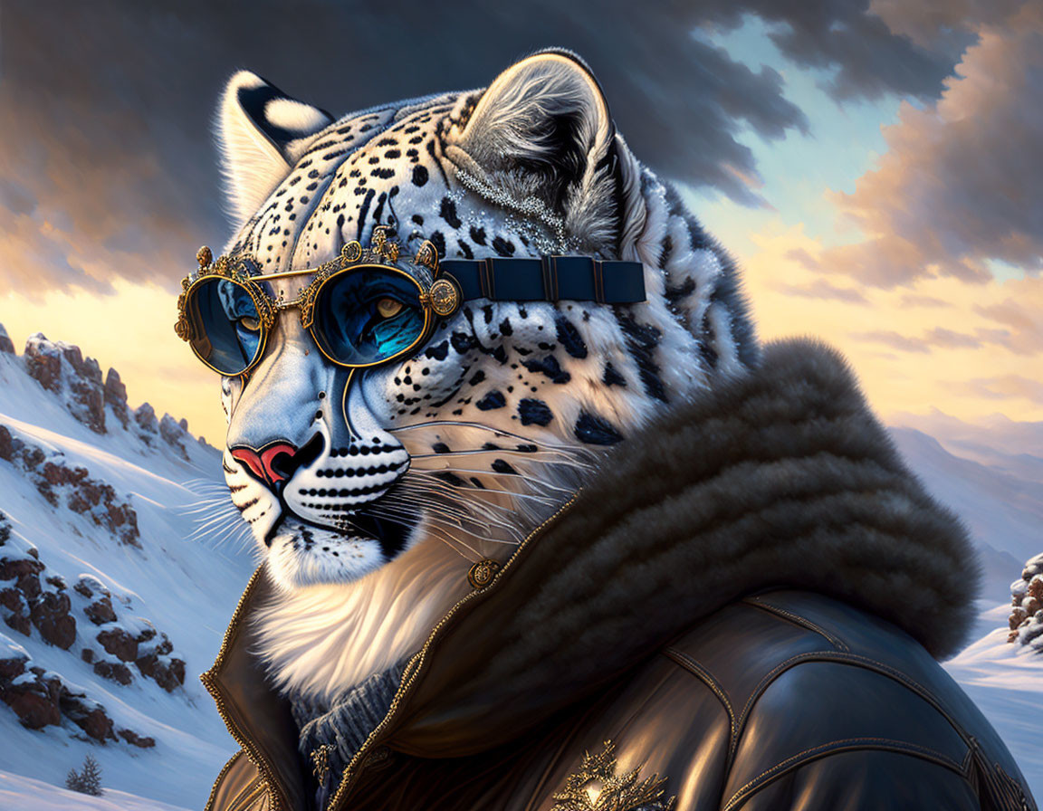 Snow leopard with human-like accessories in snowy mountain scene