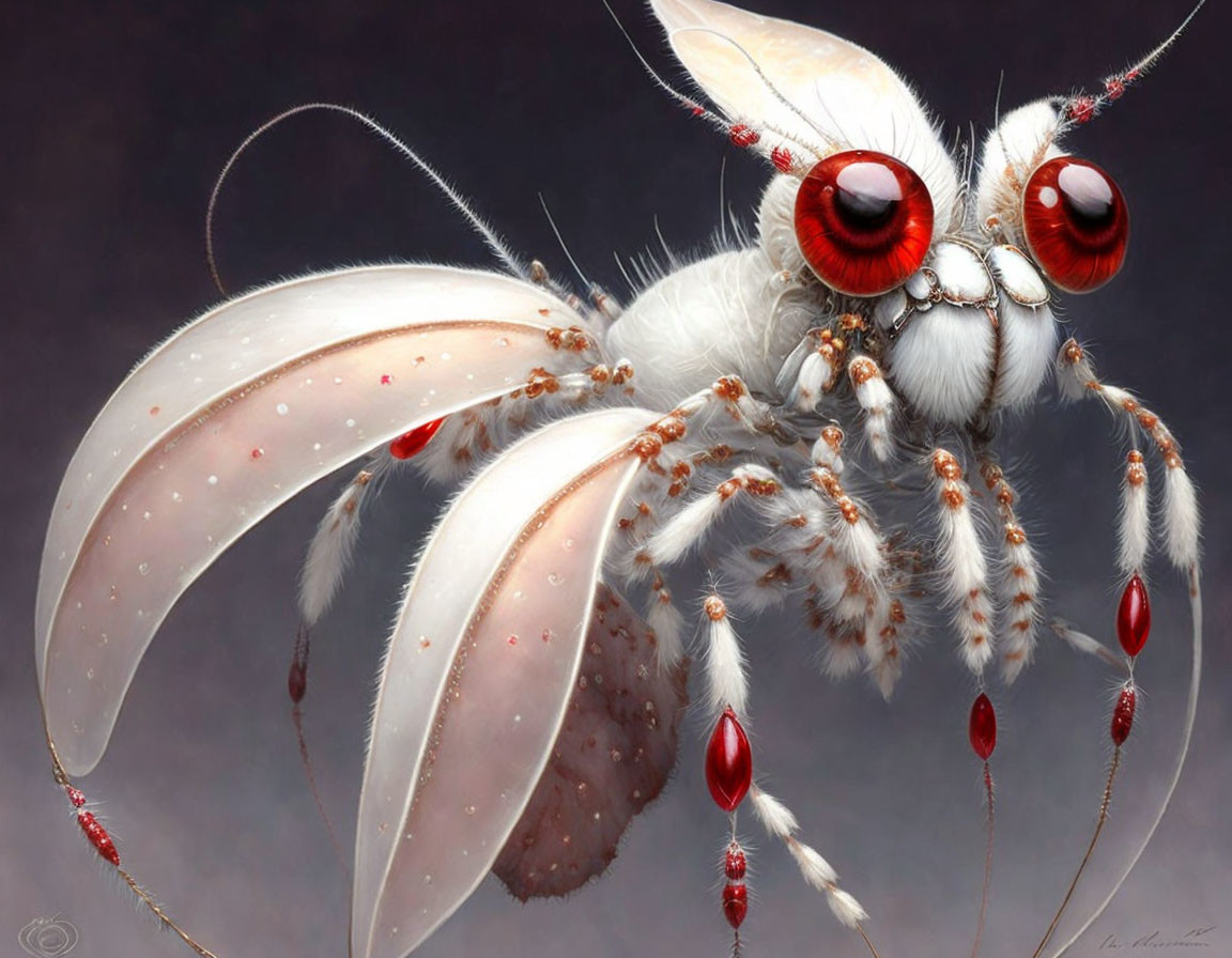 Detailed Fantasy Illustration: Whimsical Insect with Red Eyes and Translucent Wings