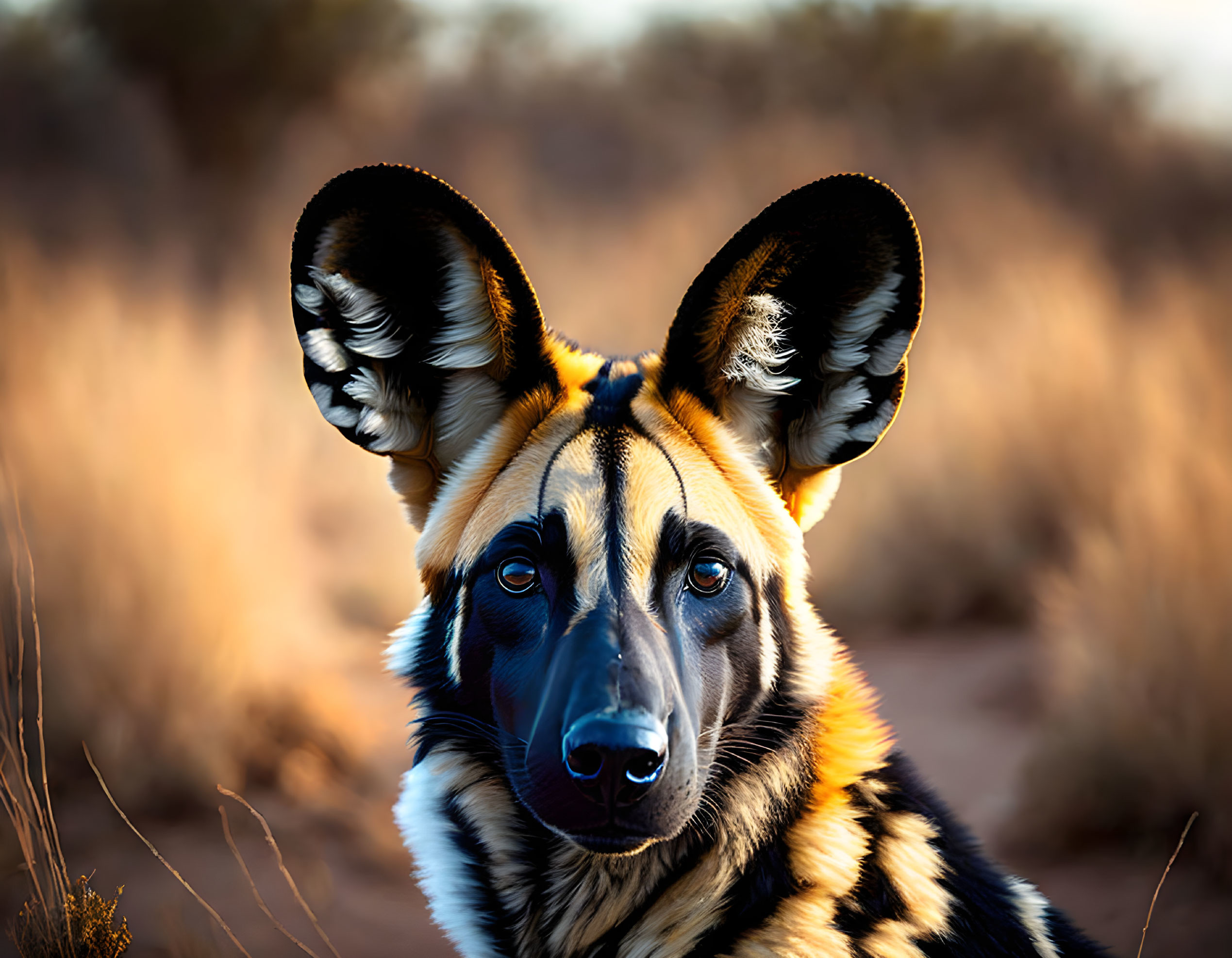 African wild dog with large rounded ears in savannah dusk scene