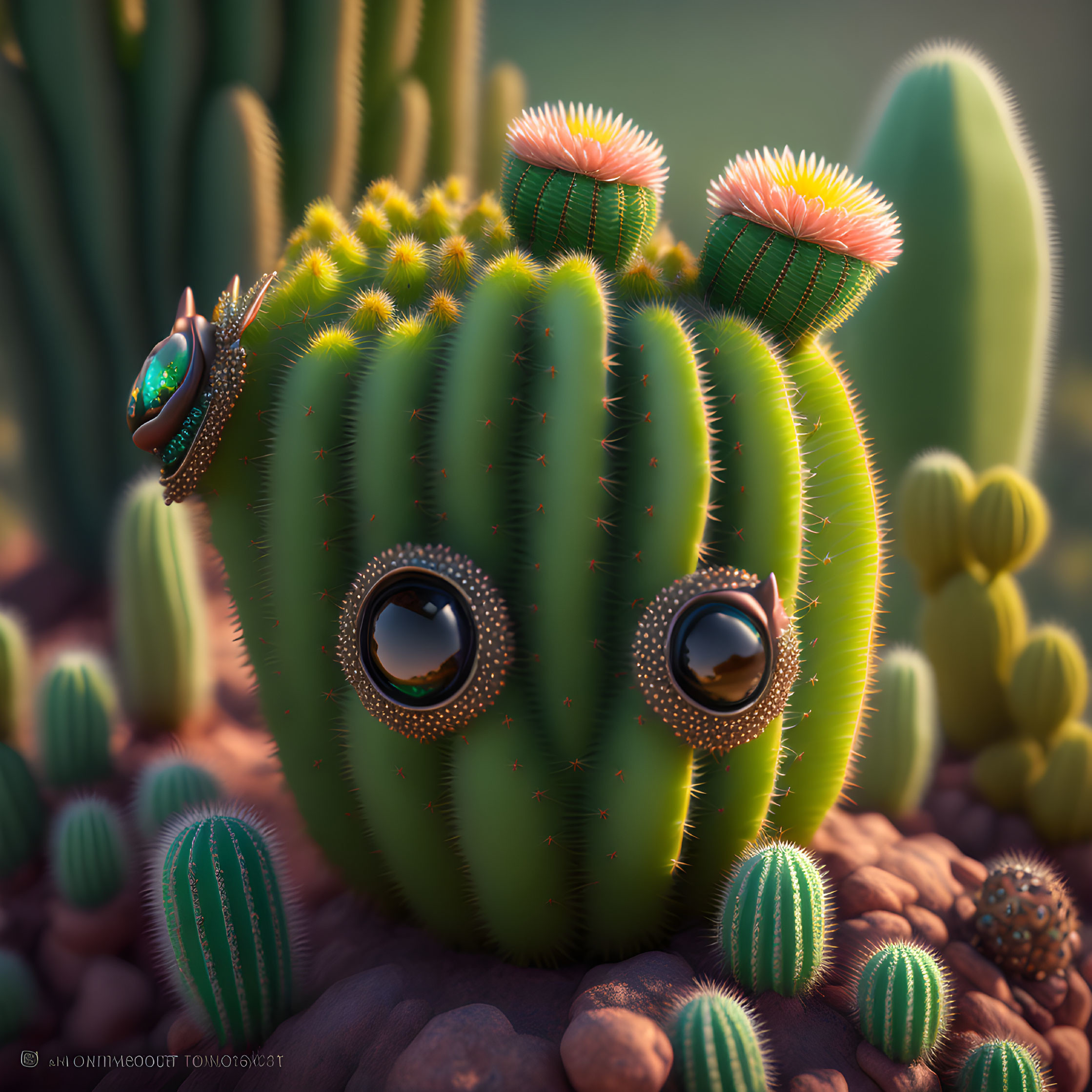 Colorful Cartoon Cactus with Expressive Eyes in Desert Landscape