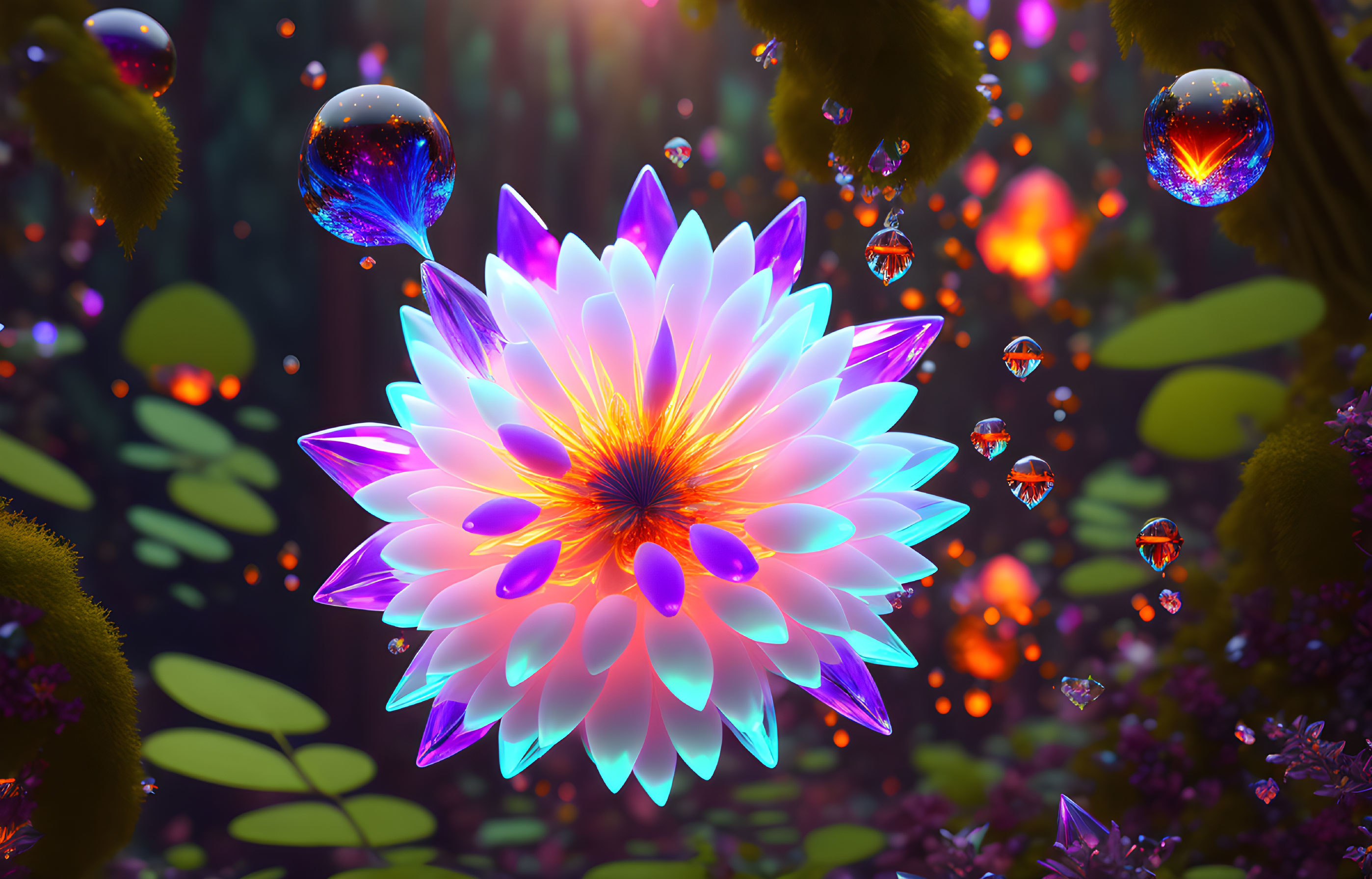 Colorful glowing flower with luminescent orbs in mystical forest