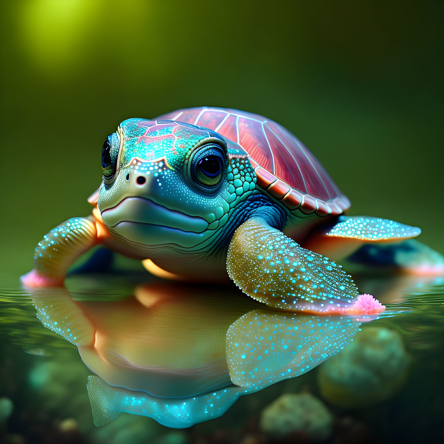 Colorful Turtle Illustration with Intricate Patterns Reflected in Water