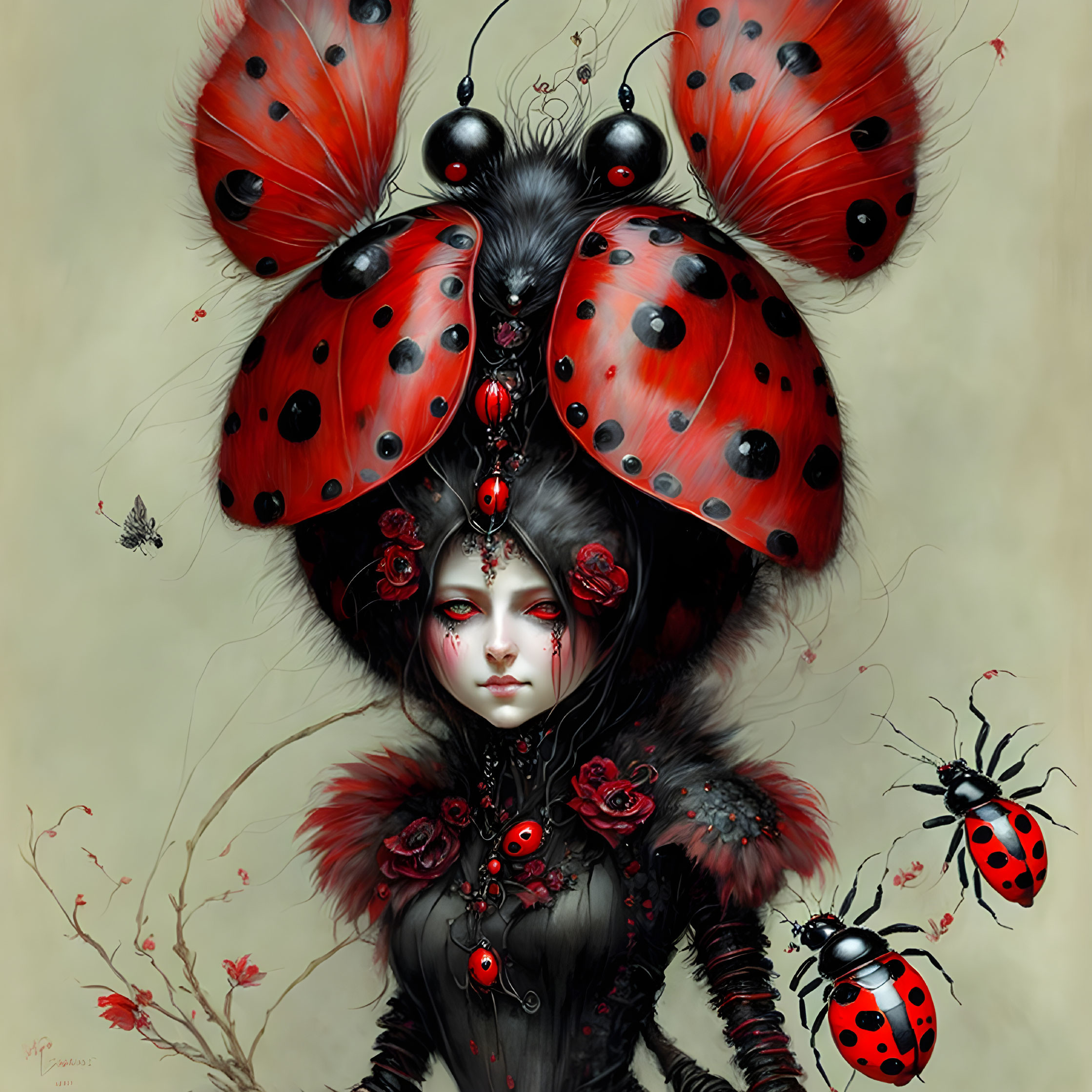 Surreal illustration of person with ladybug elements