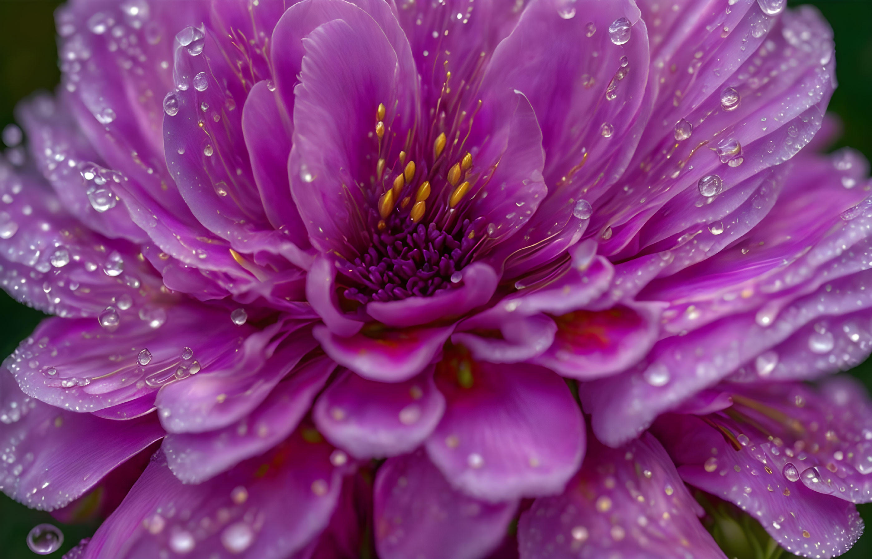 Vibrant purple flower with glistening water droplets on delicate petals