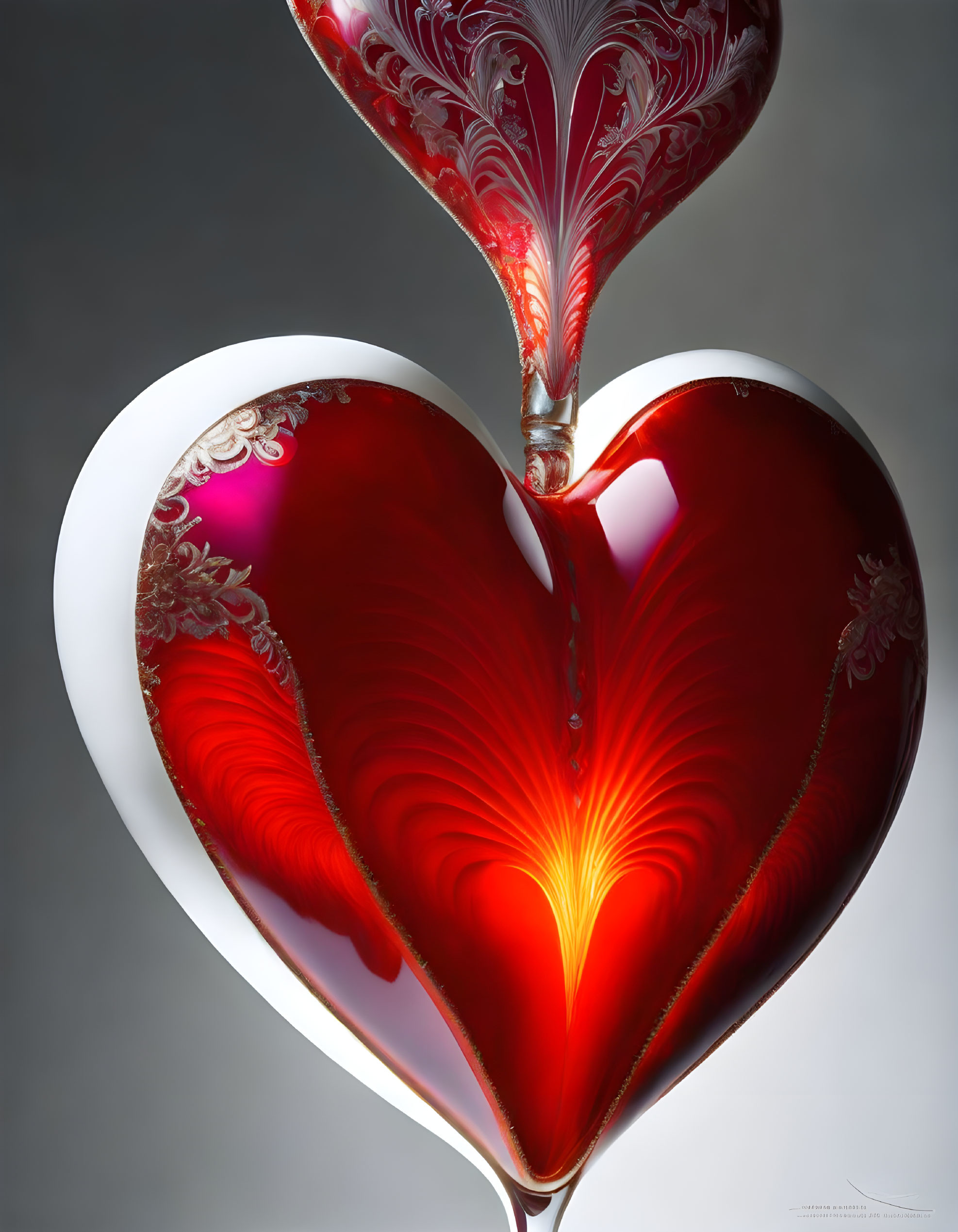 Shiny red heart with swirl patterns glowing on gray background