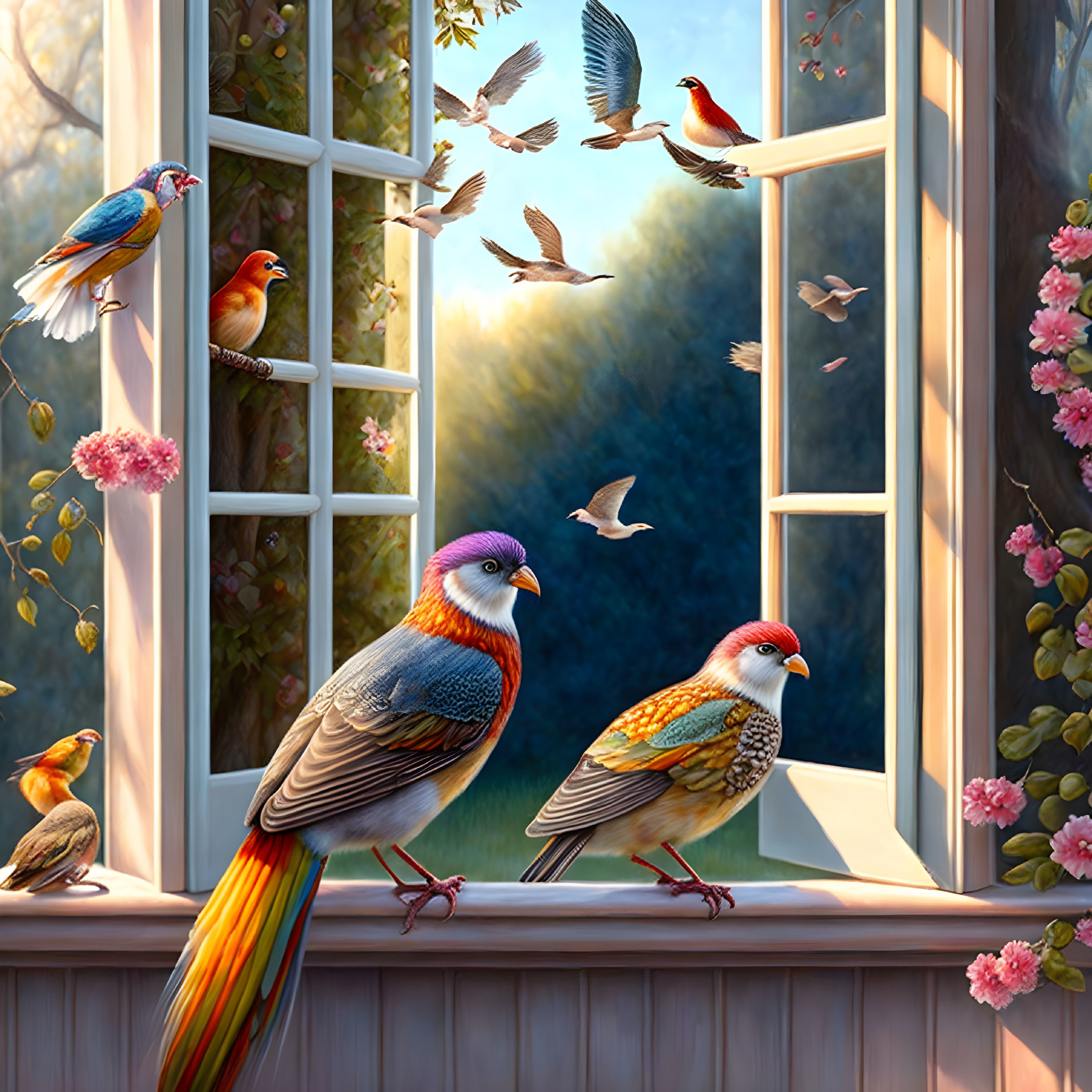 Vibrant birds near open window overlooking serene garden