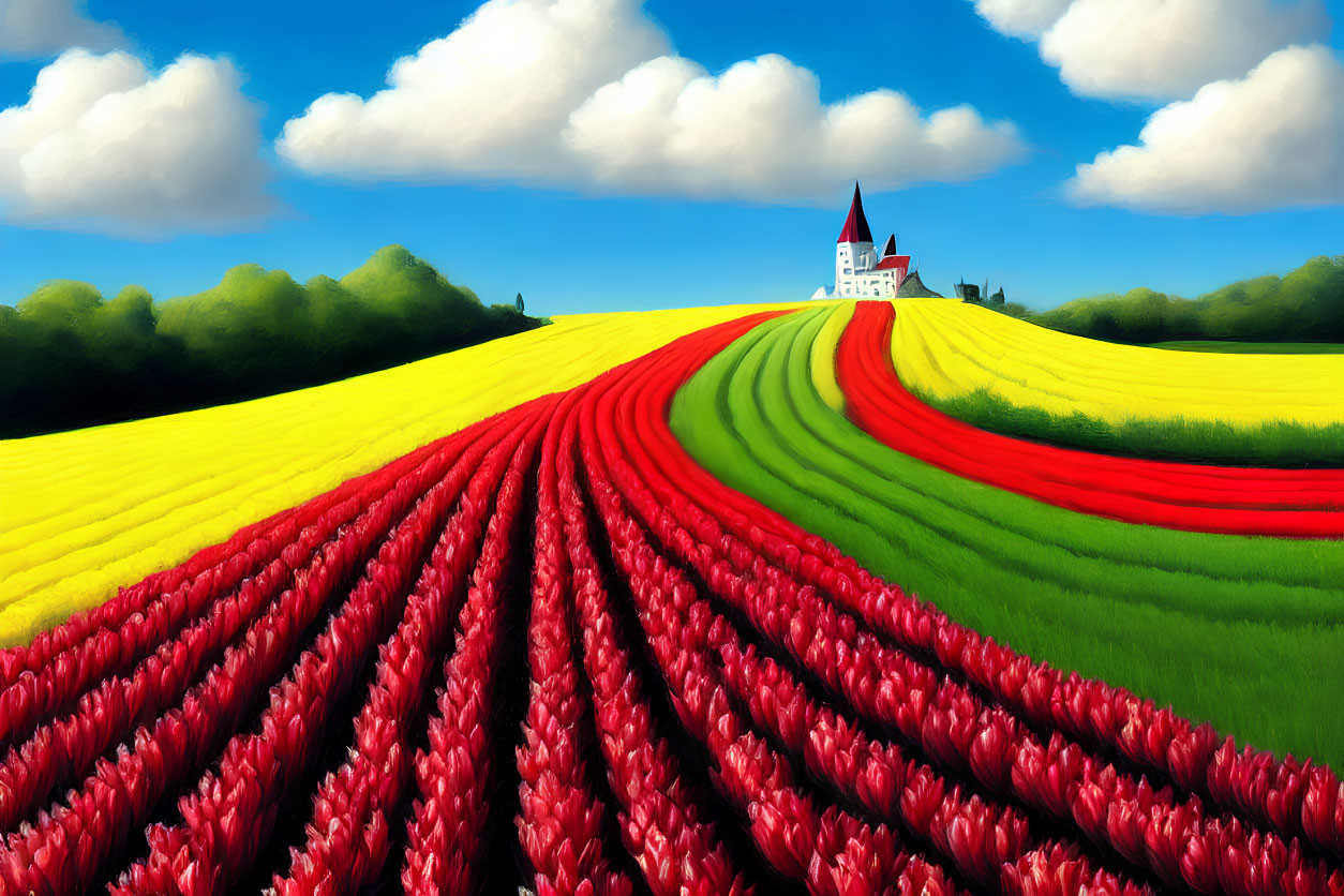 Colorful Tulip Field Leading to White Castle Against Blue Sky