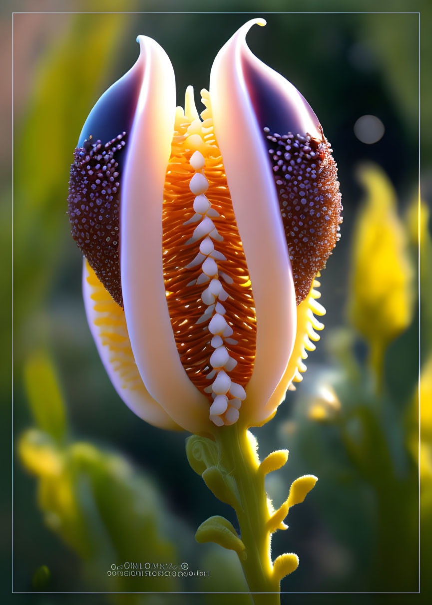 Stylized digital artwork of a pearl-centered flower on soft-focus background