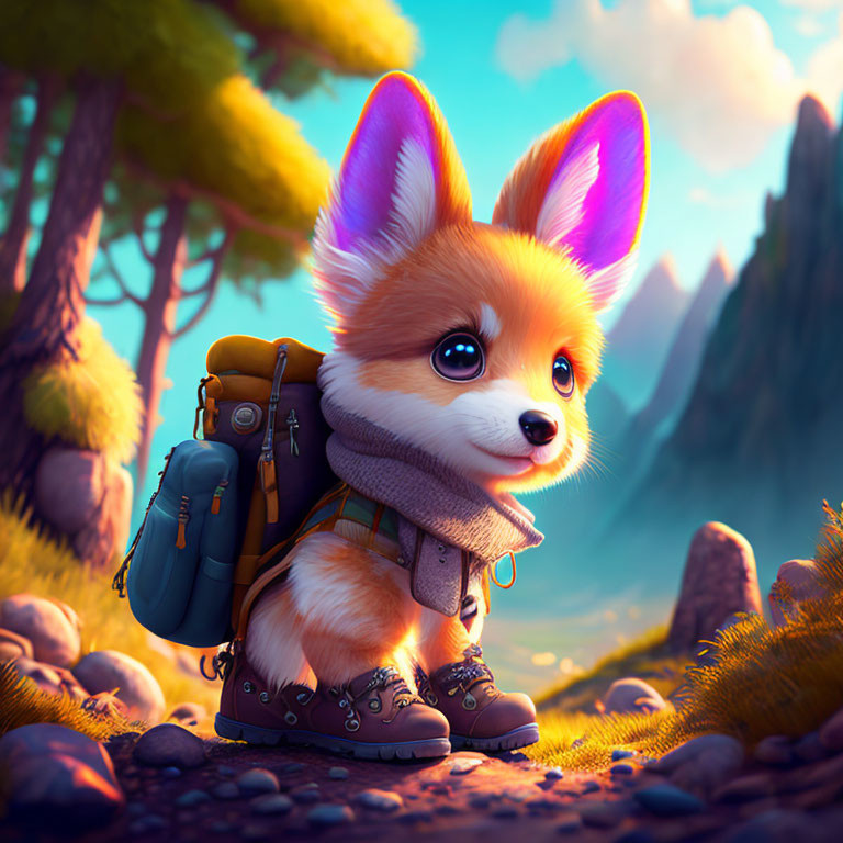 Anthropomorphic fox with backpack and scarf in vibrant forest landscape