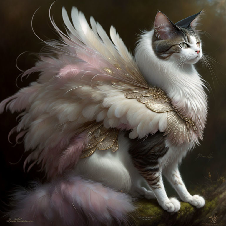 Majestic cat with golden-accented angelic wings and drifting feathers