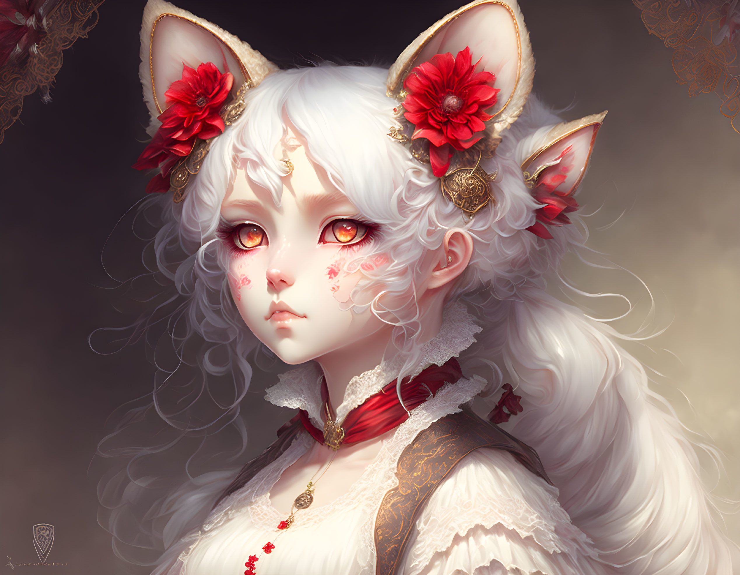 White anthropomorphic feline with red eyes and floral adornments on brown background