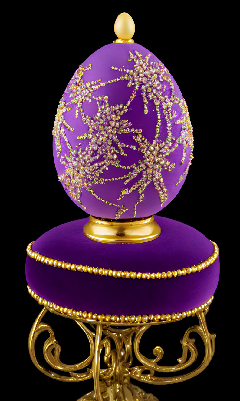 Luxurious Purple and Gold Egg with Floral Patterns on Golden Stand