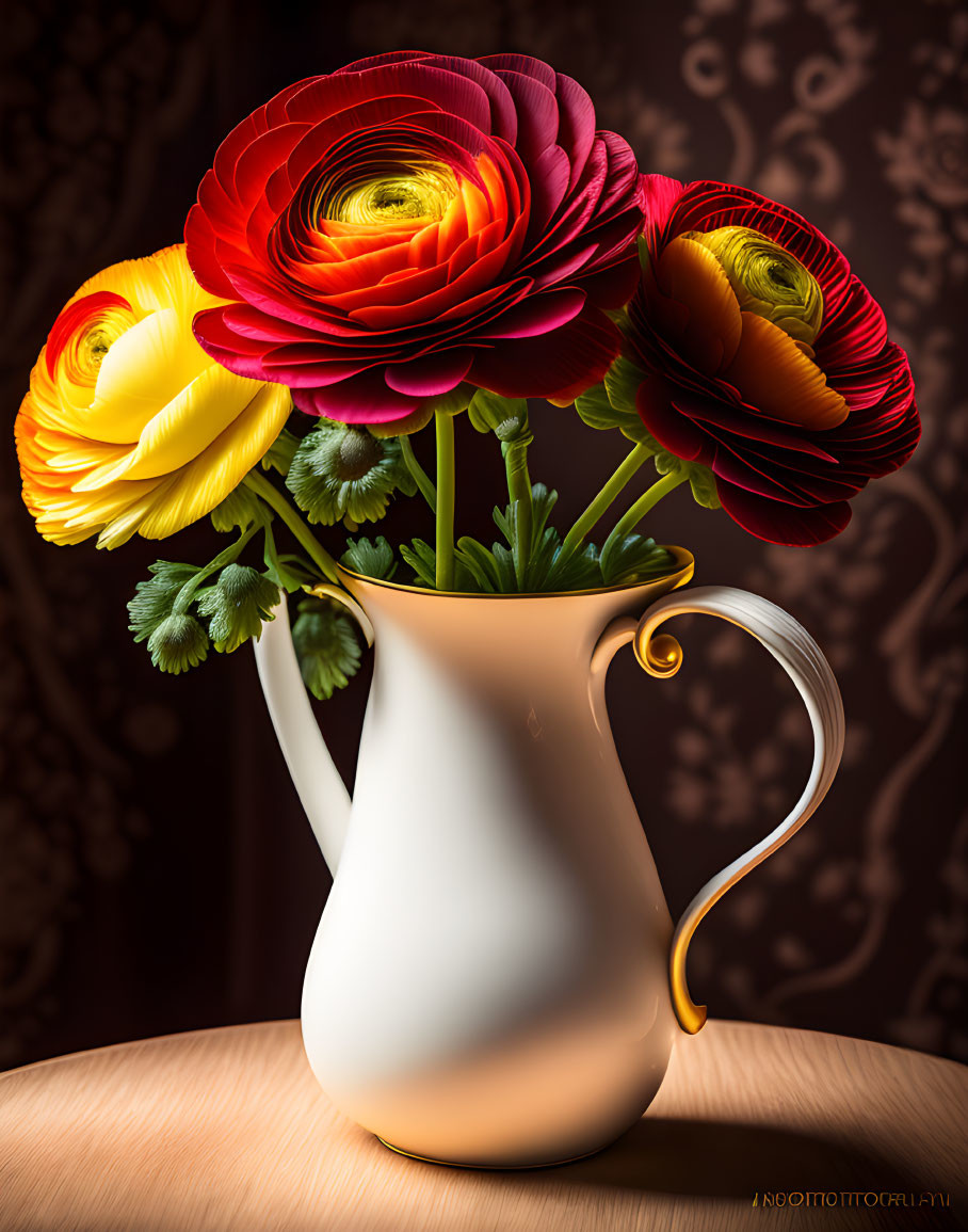 Colorful Ranunculus Flowers in White Jug on Wooden Surface Against Brown Background