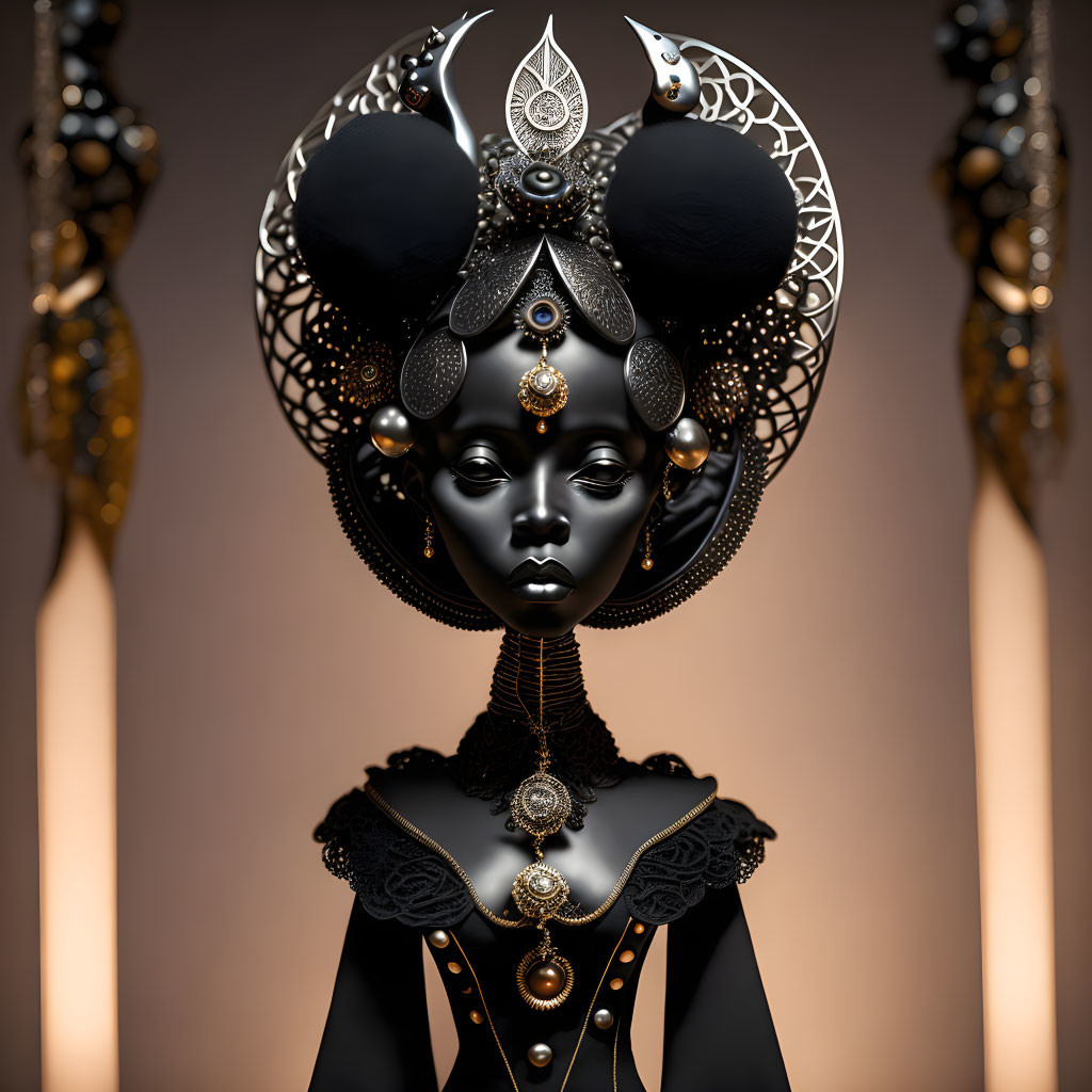 Stylized digital artwork of a dark-skinned female figure with intricate headdress and jewelry on tau