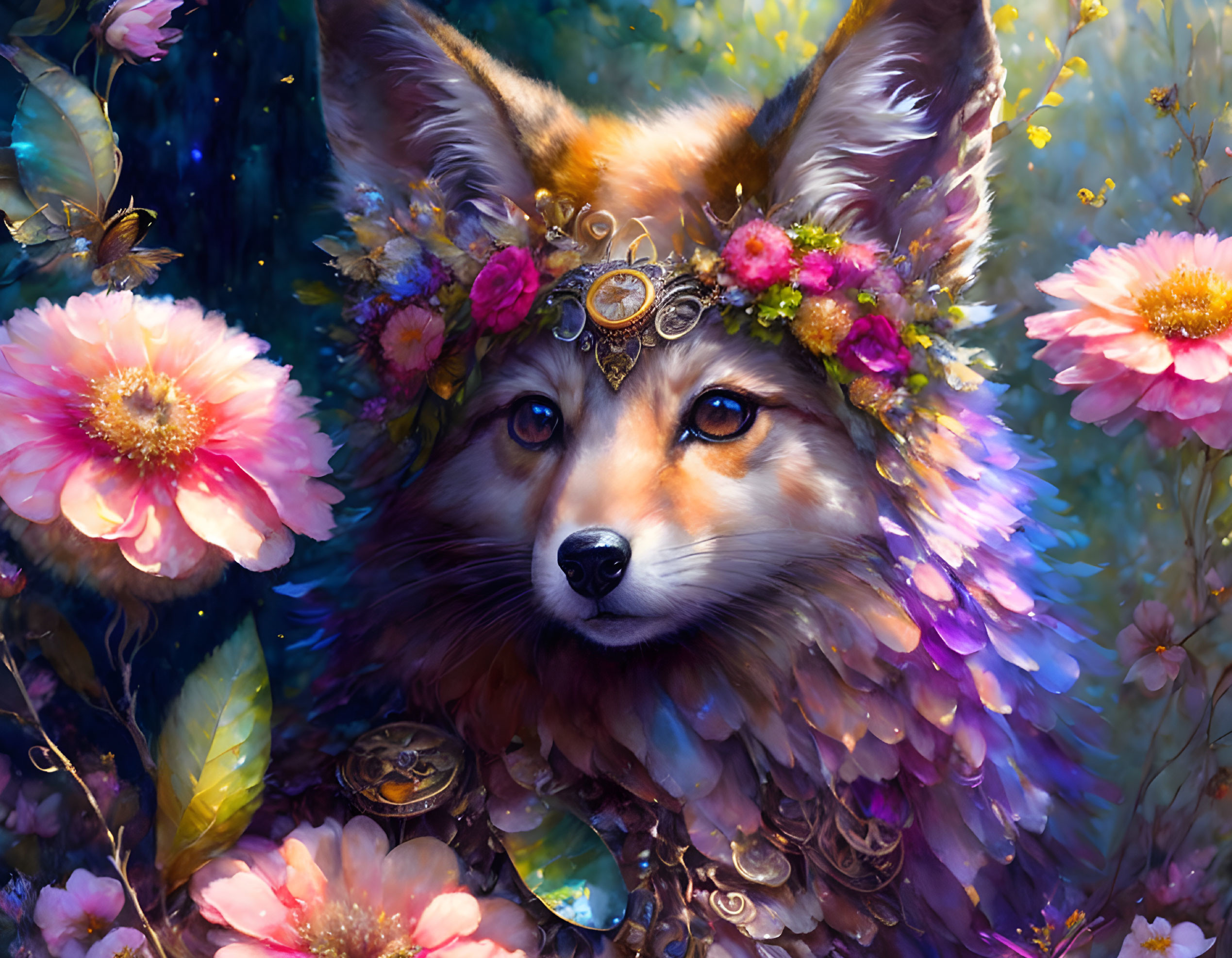 Whimsical fox with floral crown in vibrant digital painting