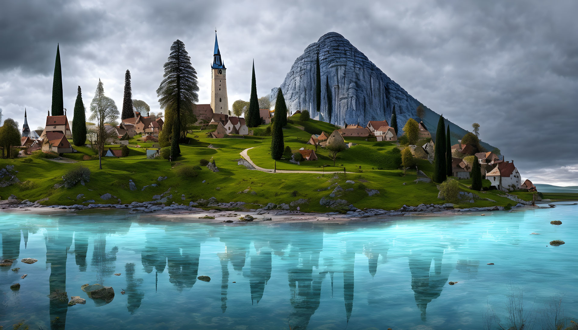 Scenic village with church spire, lake, trees, and mountain