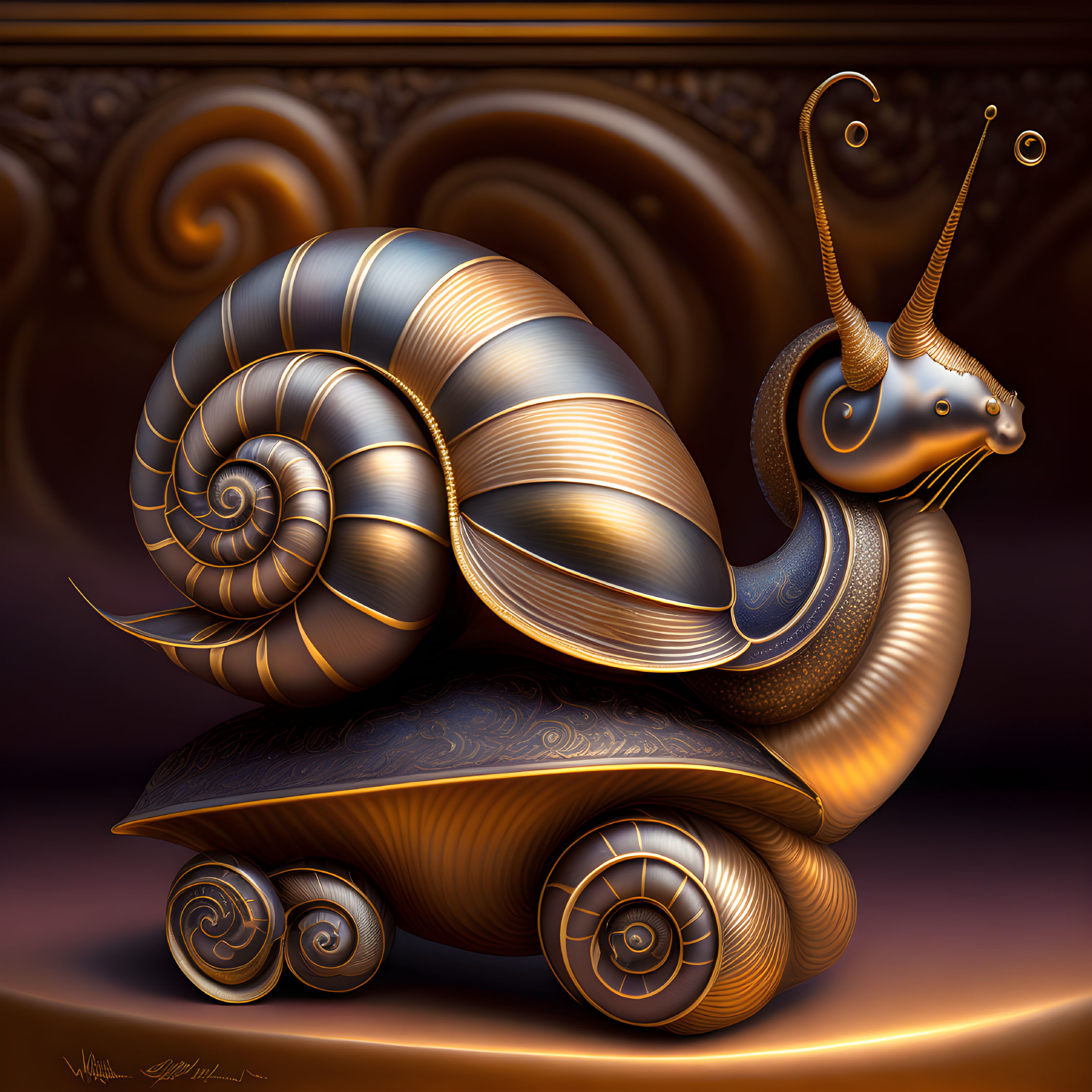 Stylized snail digital artwork with bronze and gold tones on ornate background