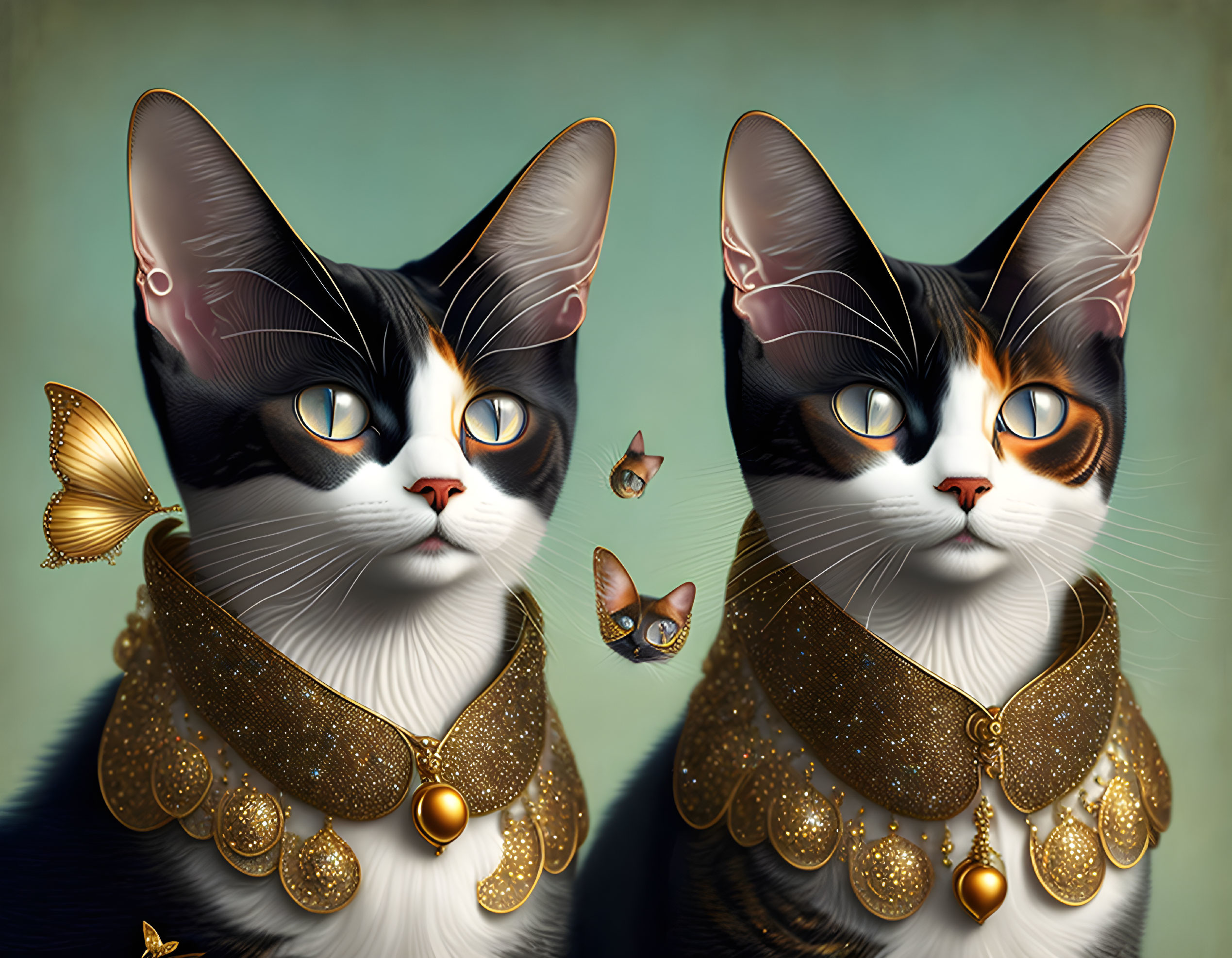 Regal cats with golden collars and butterfly ears on teal background