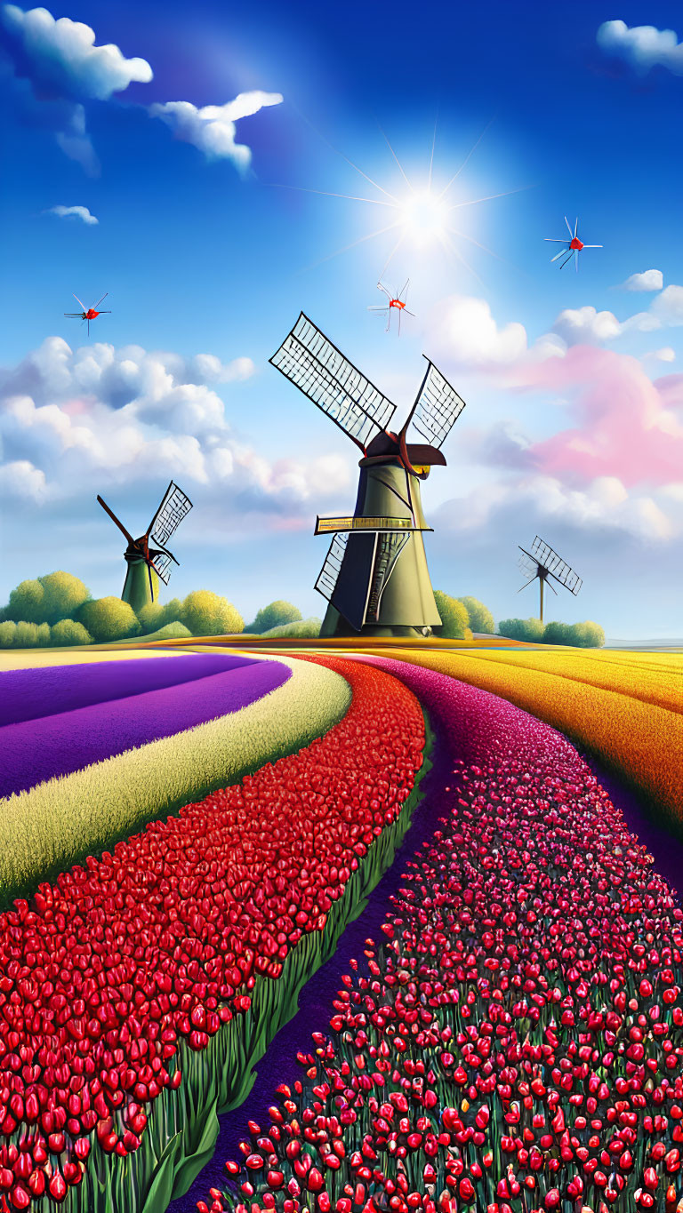 Colorful Dutch Landscape with Tulip Fields and Windmills