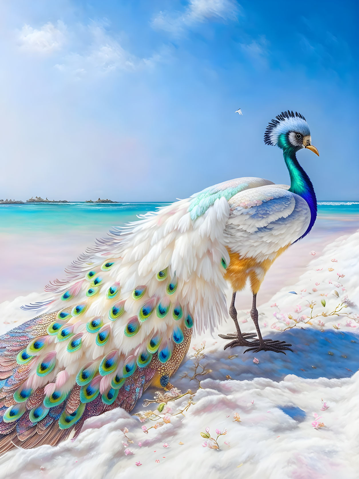 Colorful peacock on beach with turquoise sea and islands