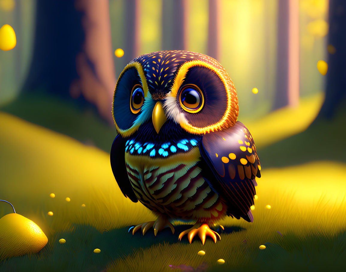 Colorful Owl in Enchanted Forest with Glowing Mushrooms