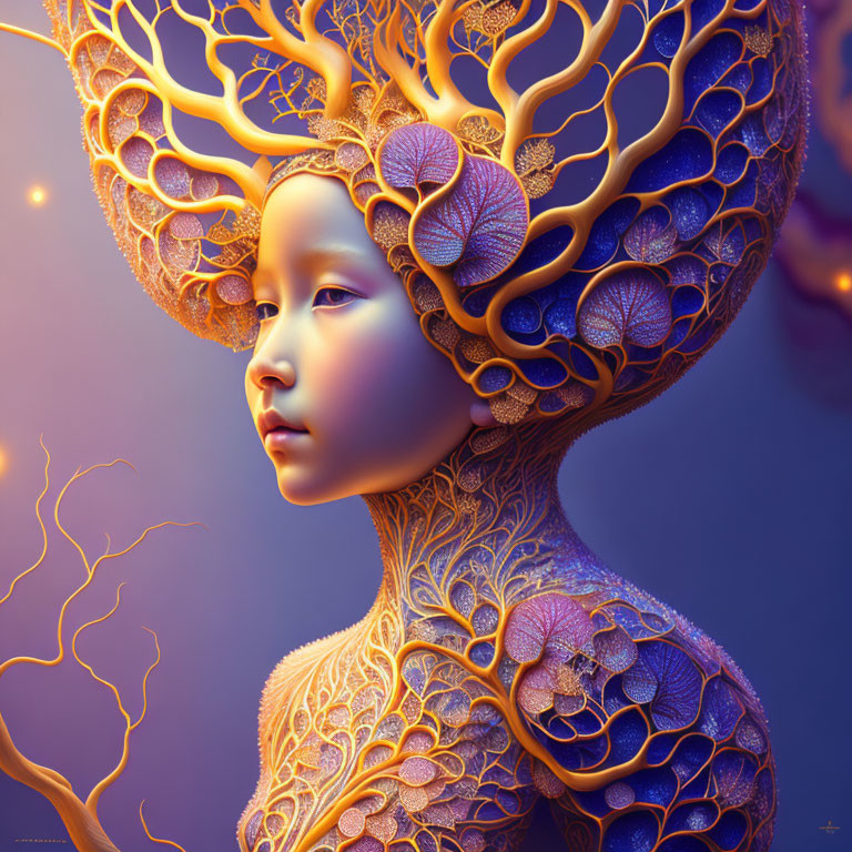 Surreal female figure with tree-like hair in purple and gold hues