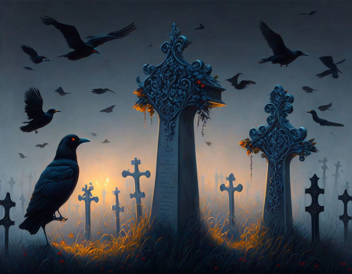 Eerie graveyard scene with ornate crosses, ravens, and tall grasses