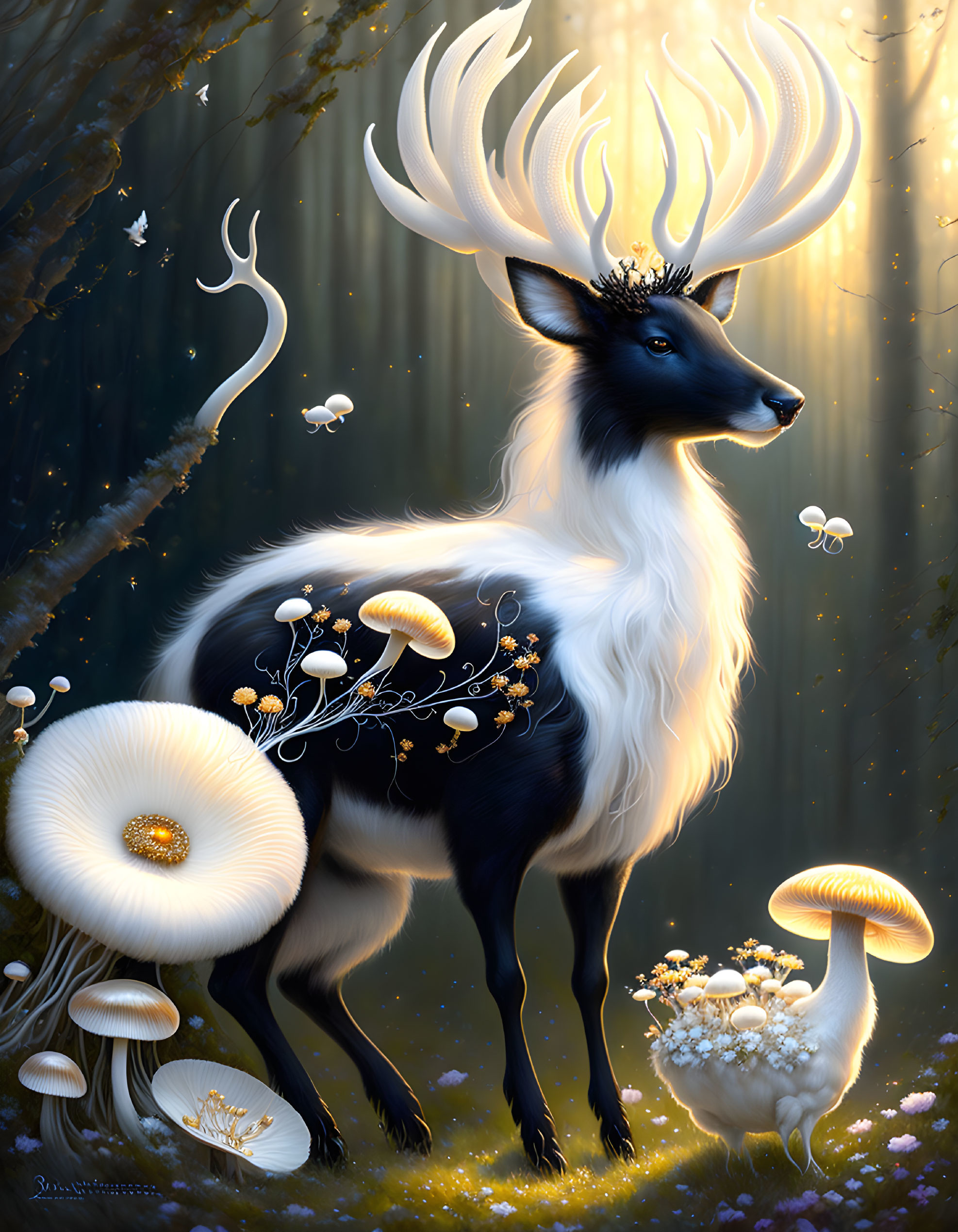 Majestic fantasy deer with glowing antlers in mystical forest