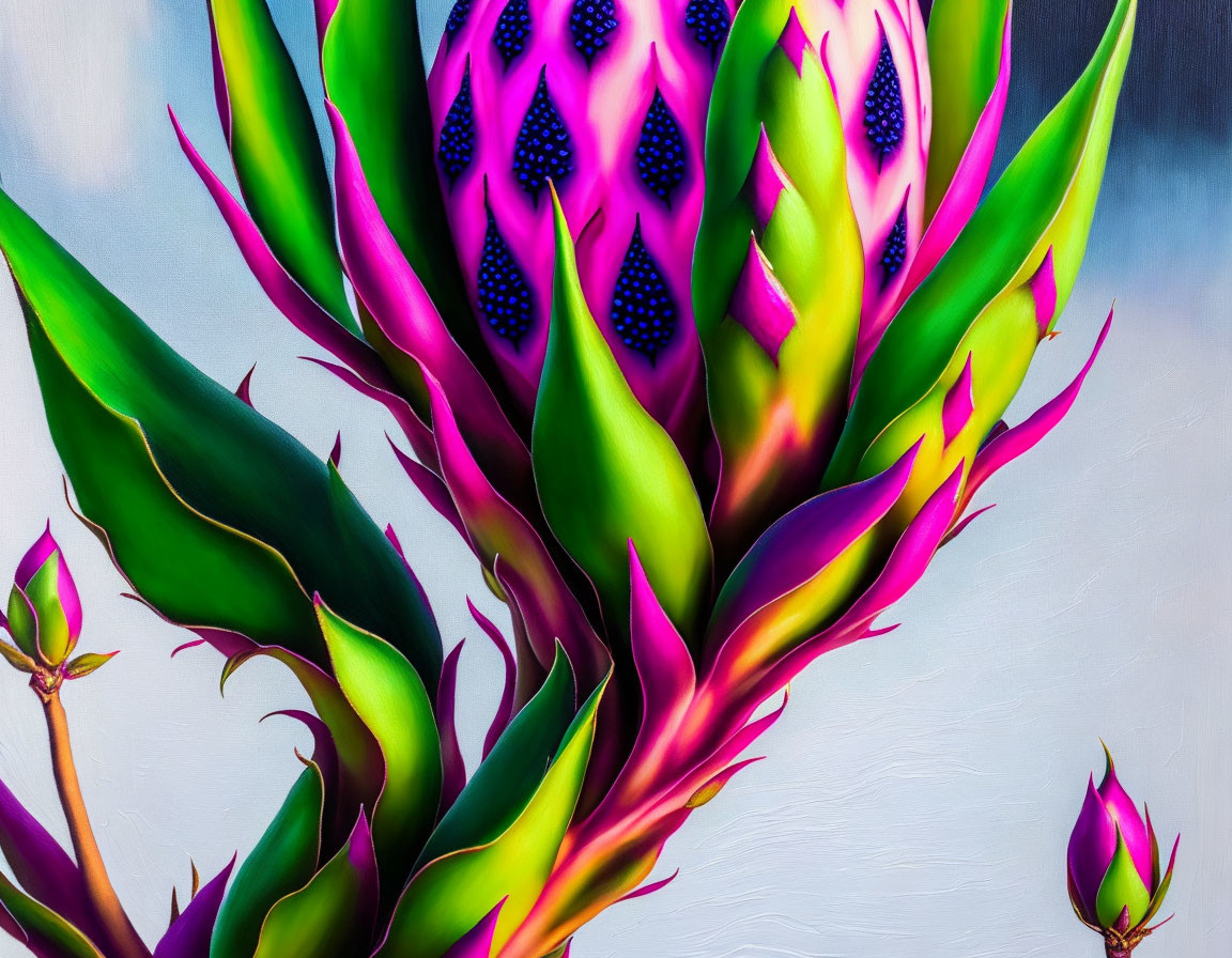 Colorful dragon fruit and buds painting with green and pink tones.