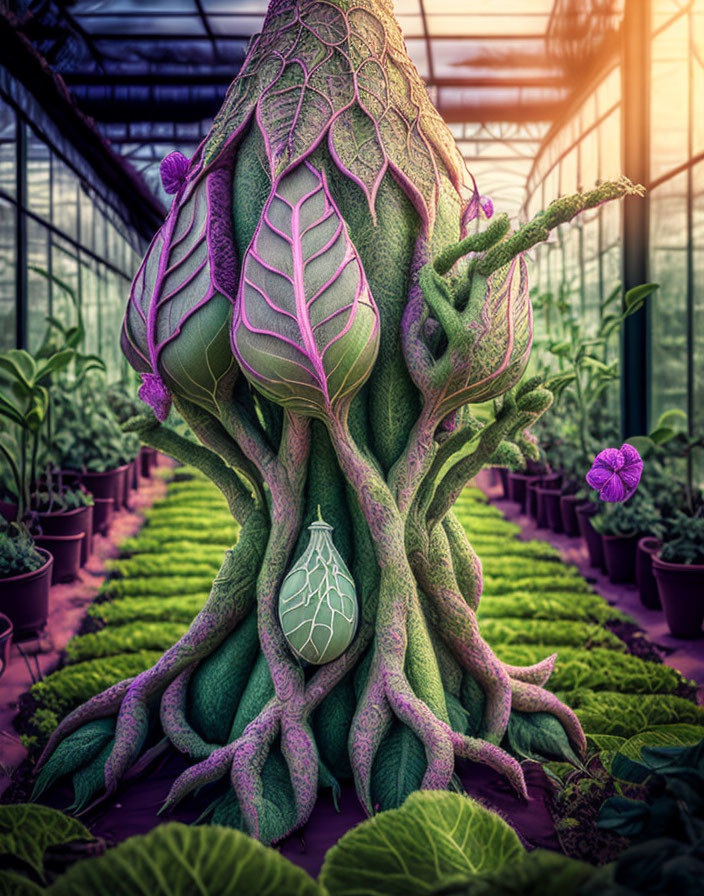 Purple-leaved plant with glowing fruit in lush greenhouse