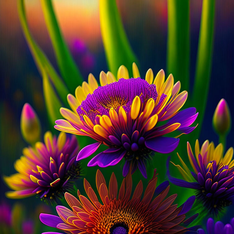 Colorful Purple and Yellow Flowers with Dewdrops on Soft Multicolored Background