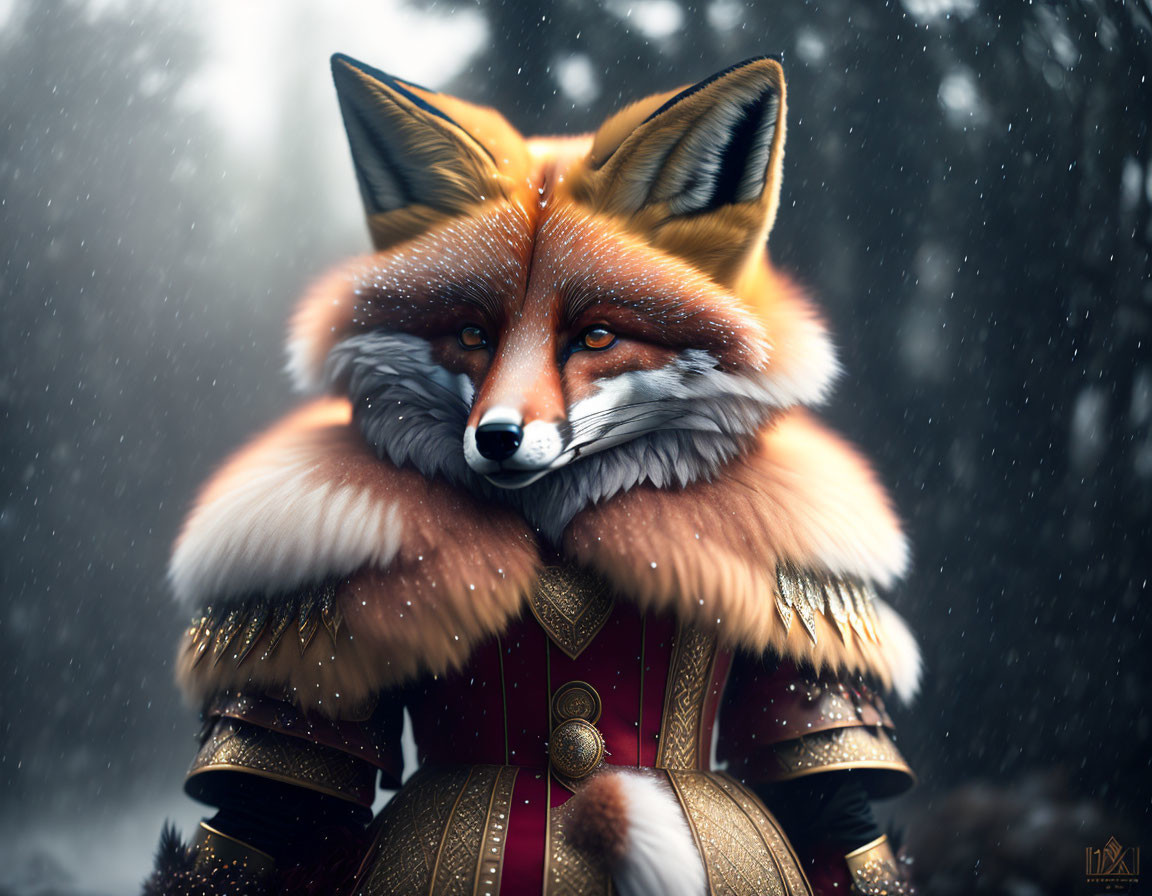 Anthropomorphic fox in medieval armor surrounded by snowflakes