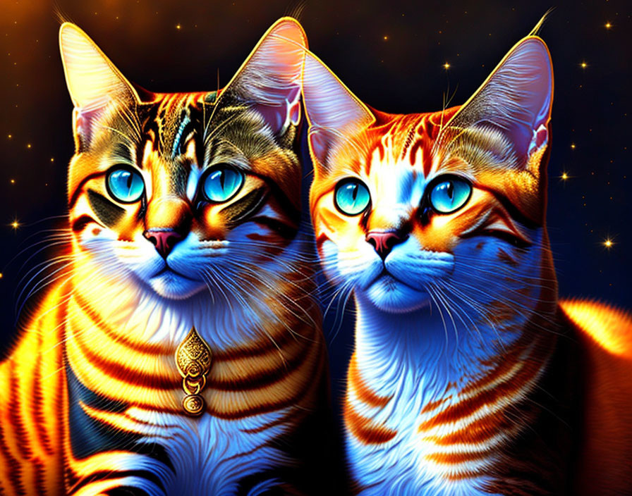 Illustrated Cats with Blue Eyes and Orange Stripes on Starry Night Sky