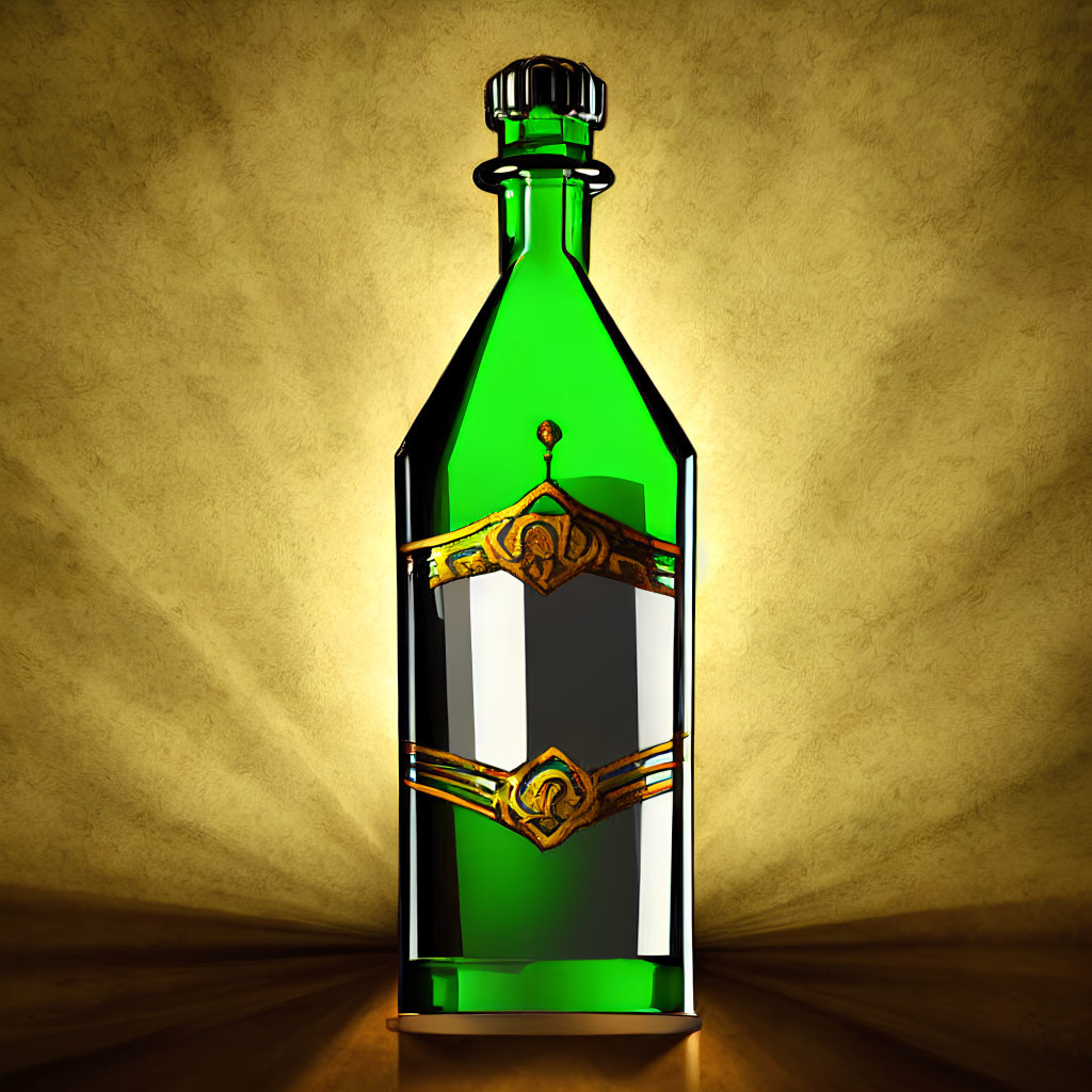 Green Glass Bottle with Black and Gold Label on Amber Background